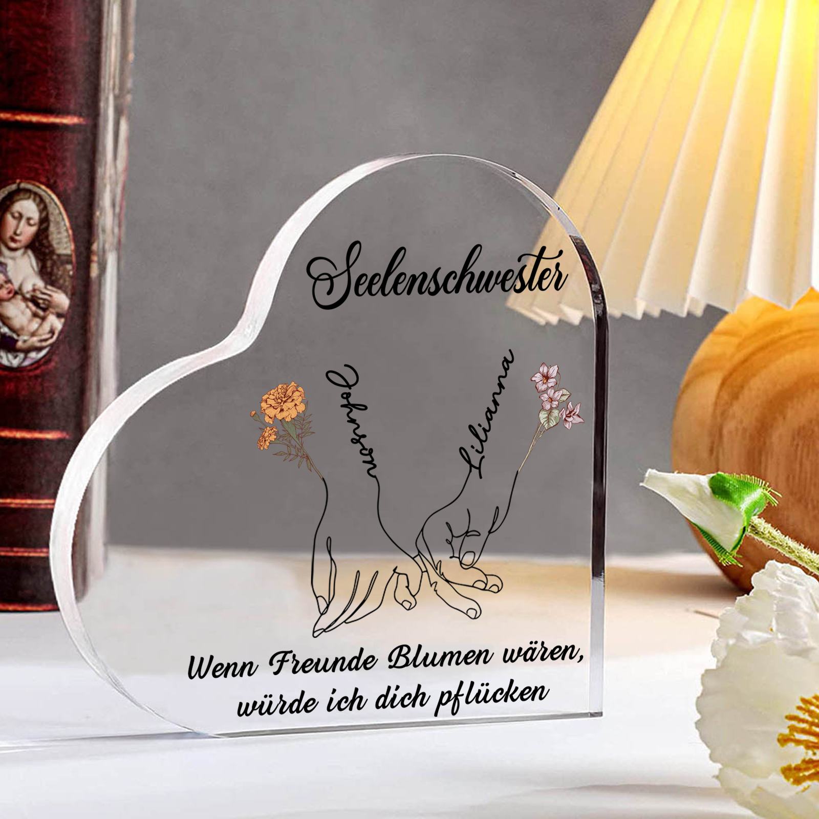 Personalisierte 2 Namen & 2 Geburtsblumen & 2 Texte Herz Acryl-Deko -Wenn Freunde Blumen wären, würde ich dich pflücken- Schreibtischdekoration für Beste Freundin