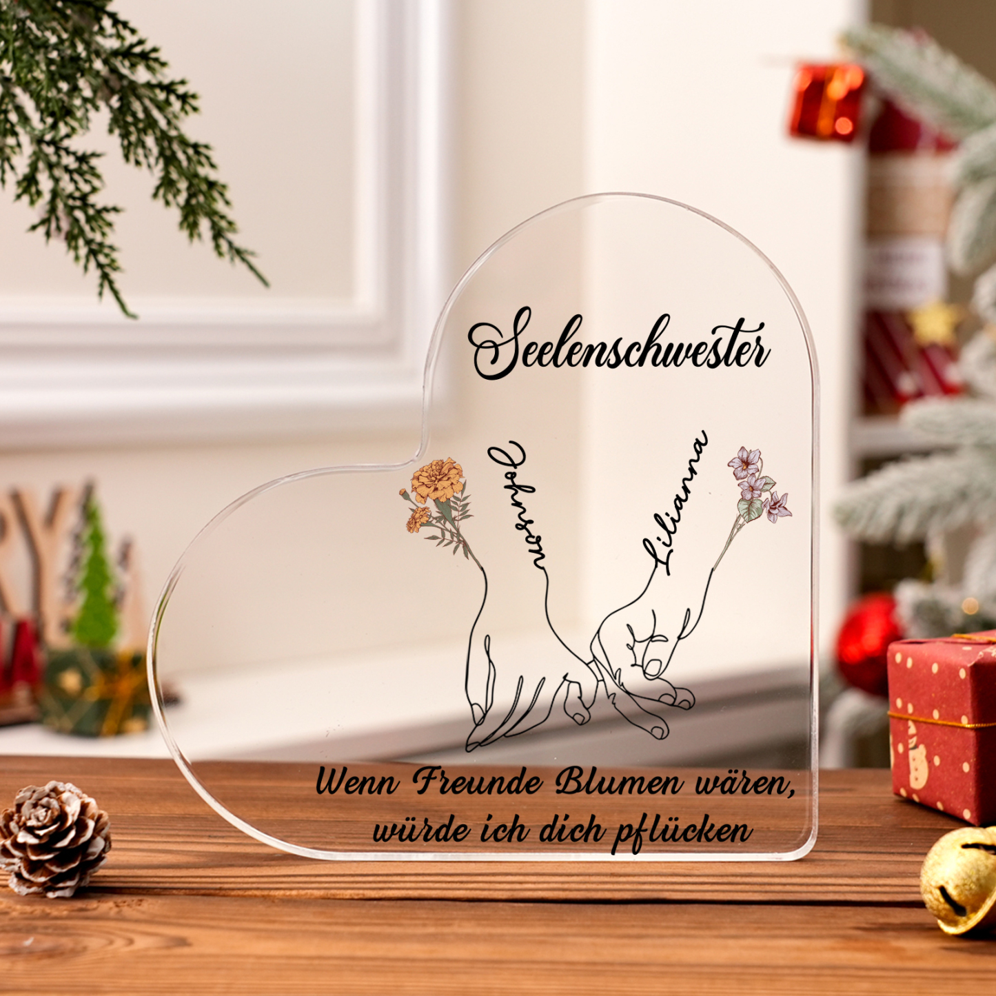 Personalisierte 2 Namen & 2 Geburtsblumen & 2 Texte Herz Acryl-Deko -Wenn Freunde Blumen wären, würde ich dich pflücken- Schreibtischdekoration für Beste Freundin