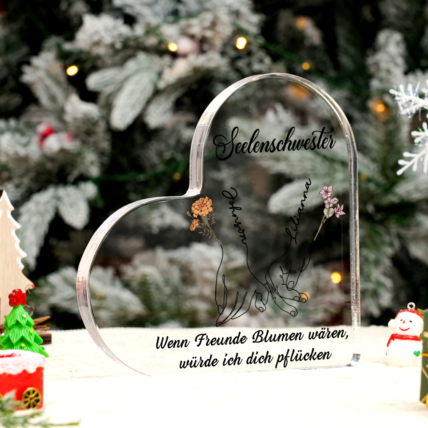 Personalisierte 2 Namen & 2 Geburtsblumen & 2 Texte Herz Acryl-Deko -Wenn Freunde Blumen wären, würde ich dich pflücken- Schreibtischdekoration für Beste Freundin