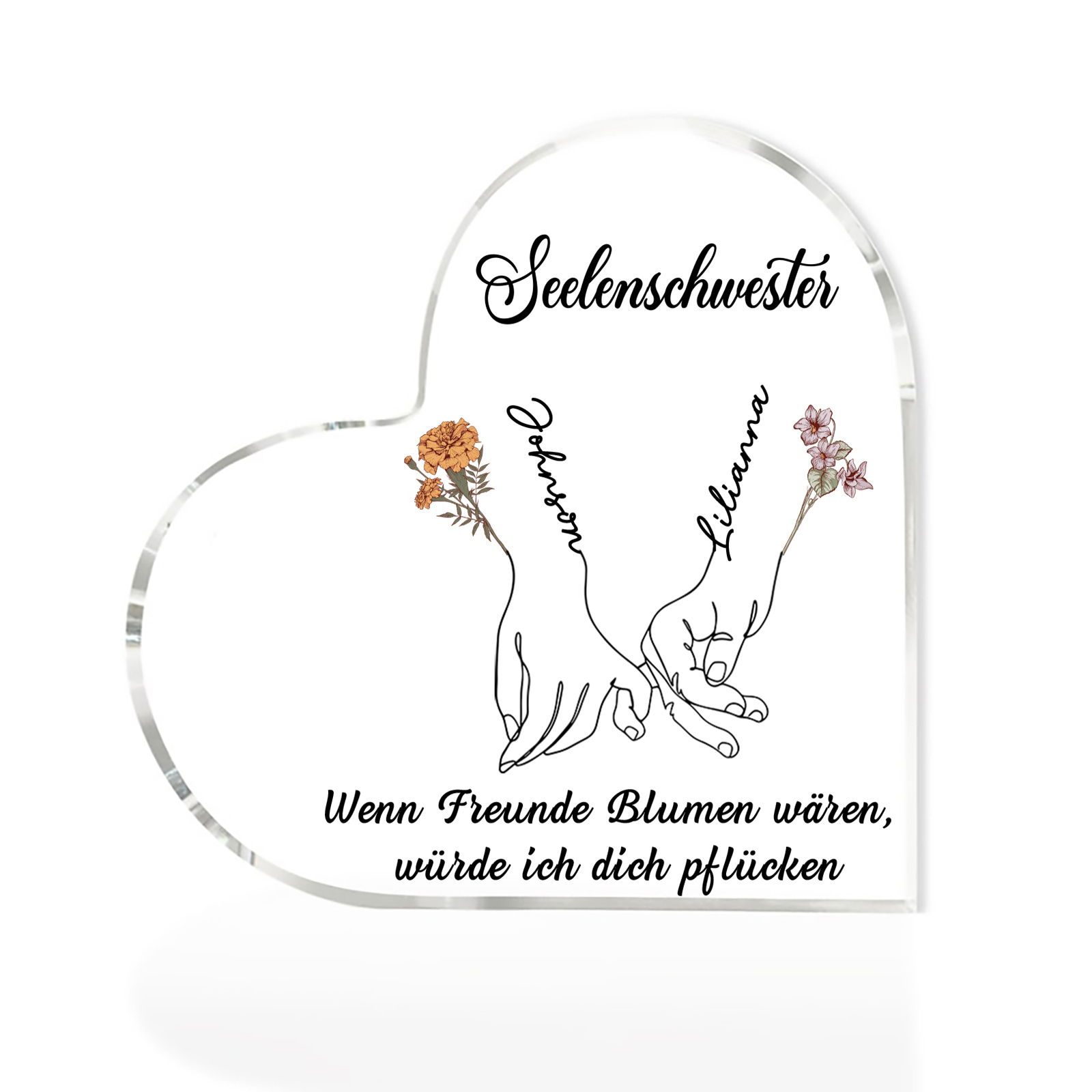 Personalisierte 2 Namen & 2 Geburtsblumen & 2 Texte Herz Acryl-Deko -Wenn Freunde Blumen wären, würde ich dich pflücken- Schreibtischdekoration für Beste Freundin