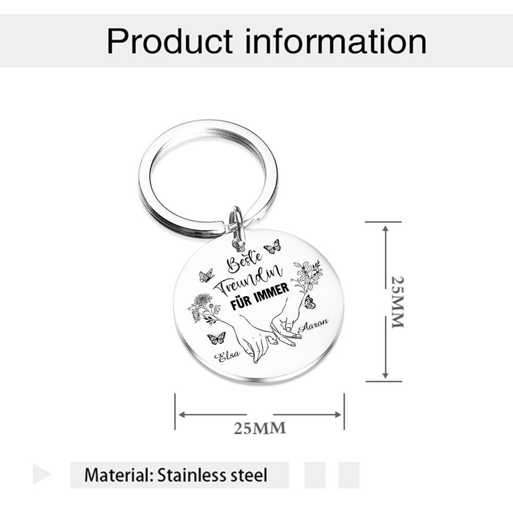 Personalisierte 2 Namen & 2 Texte & 2 Geburtsblumen -Beste Freundin Für immer- Edelstahl Schlüsselanhänger