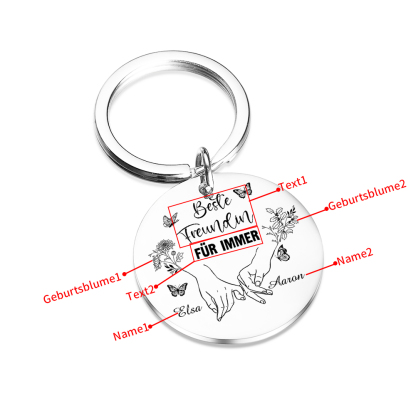 Personalisierte 2 Namen & 2 Texte & 2 Geburtsblumen -Beste Freundin Für immer- Edelstahl Schlüsselanhänger