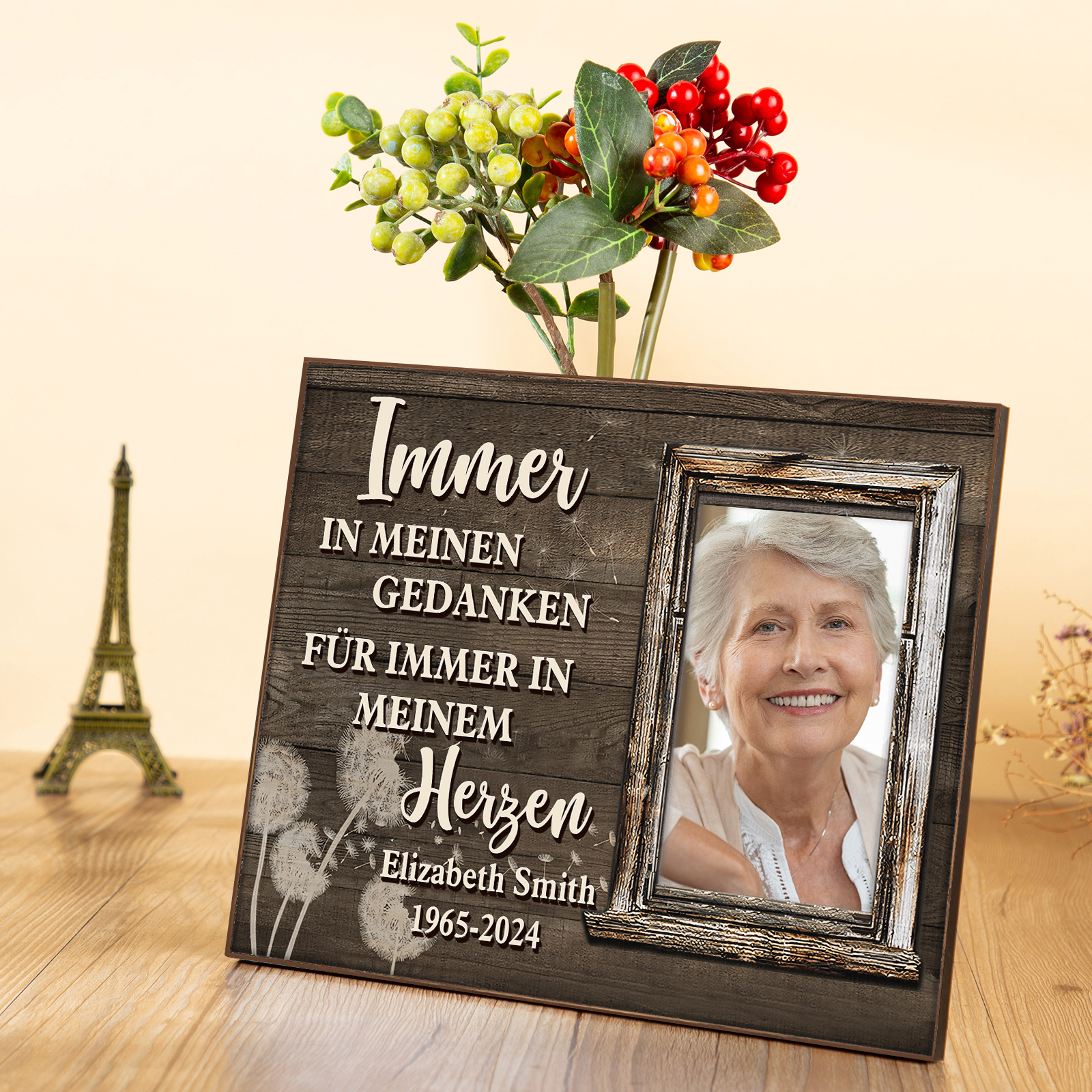 Personalisierter 1 Name & Foto & Datum Gedenk-Holzbild – Immer in meinen Gedanken, für immer in meinem Herzen – Ein liebevolles Andenken an Ihre Liebsten