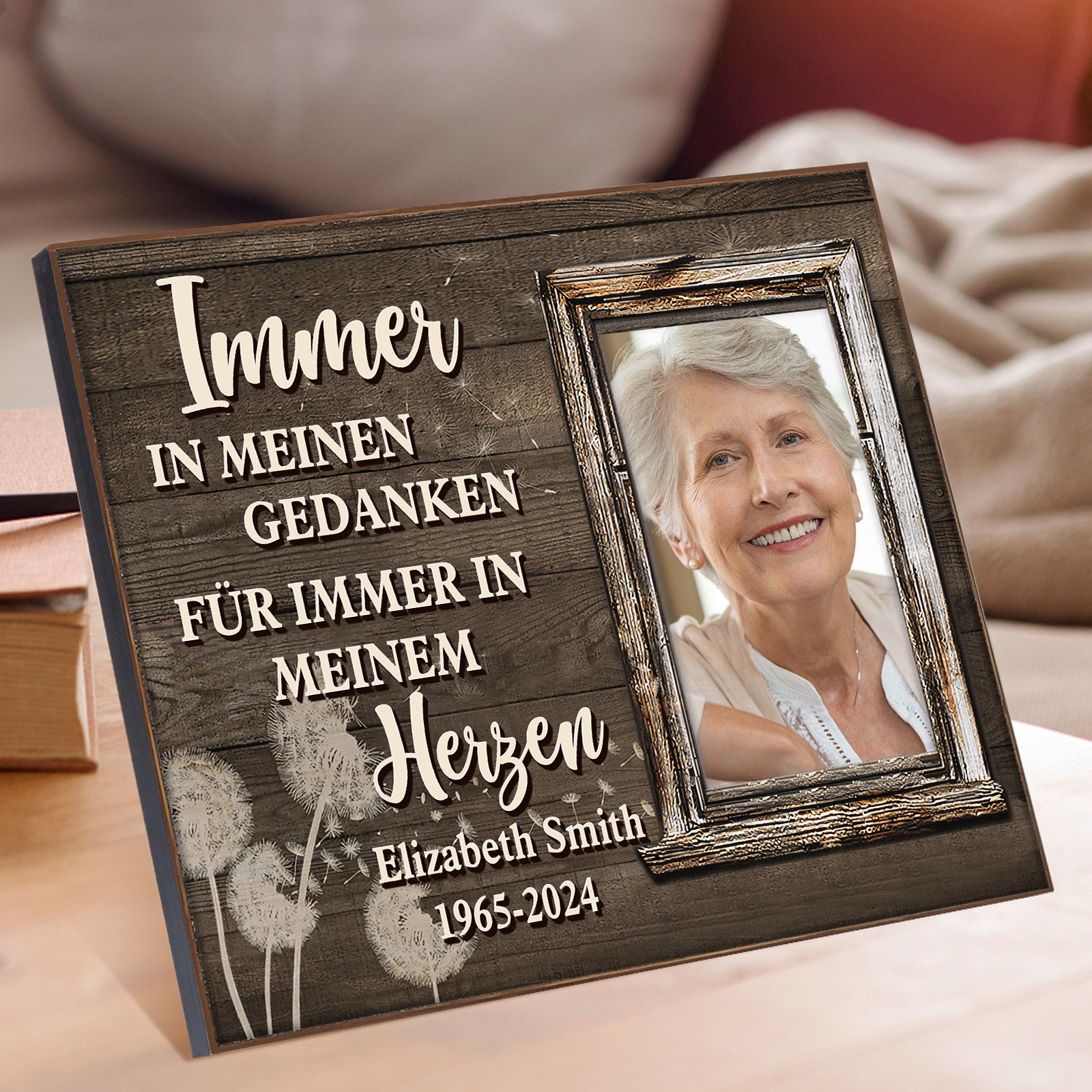 Personalisierter 1 Name & Foto & Datum Gedenk-Holzbild – Immer in meinen Gedanken, für immer in meinem Herzen – Ein liebevolles Andenken an Ihre Liebsten