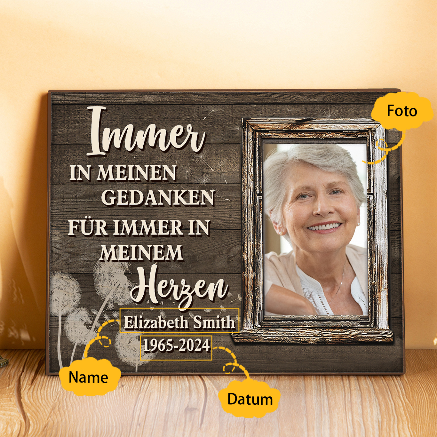 Personalisierter 1 Name & Foto & Datum Gedenk-Holzbild – Immer in meinen Gedanken, für immer in meinem Herzen – Ein liebevolles Andenken an Ihre Liebsten