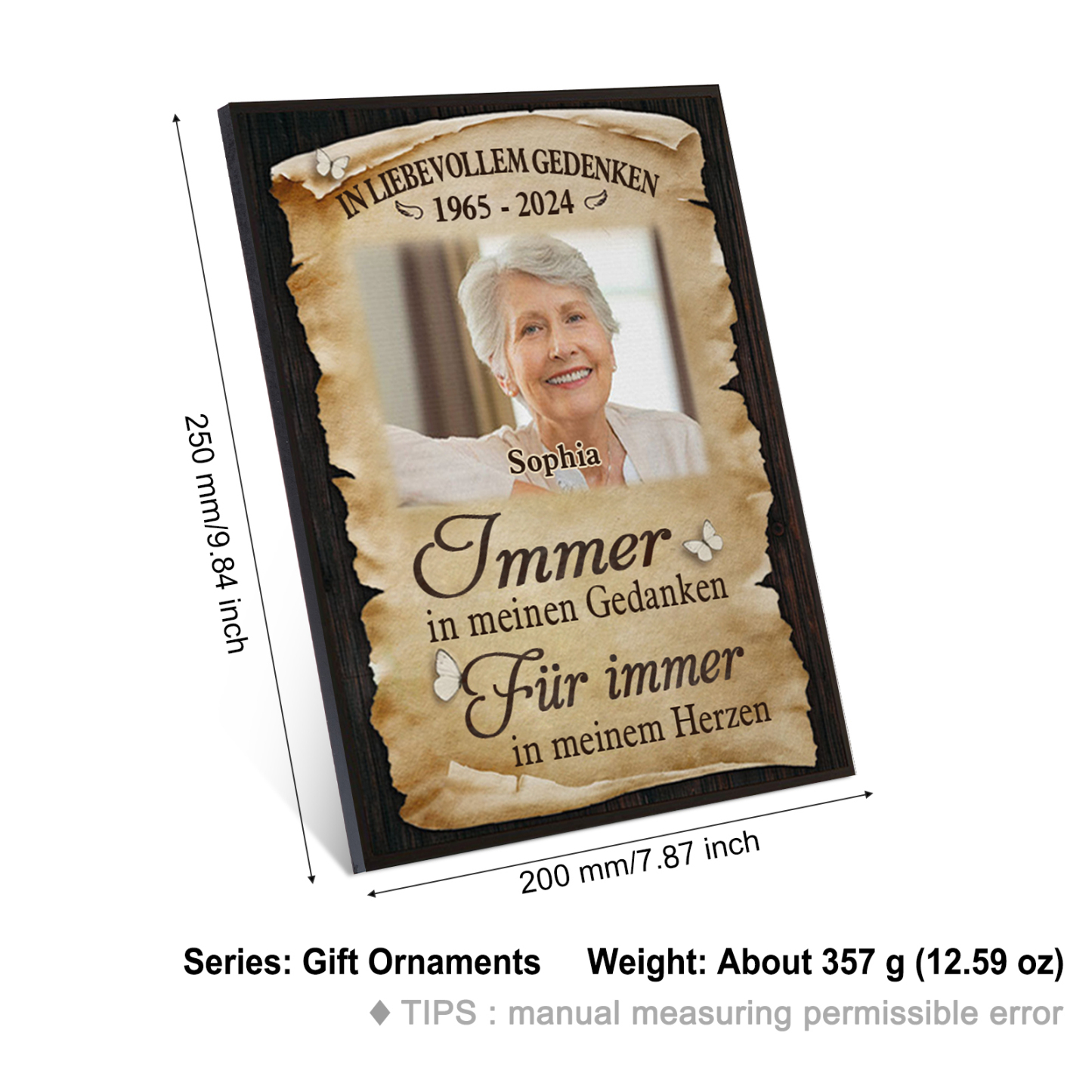 Personalisierter 1 Name & Foto & Datum Gedenk-Holzbild – Immer in meinen Gedanken, für immer in meinem Herzen – Gedenk-Schreibdekoration