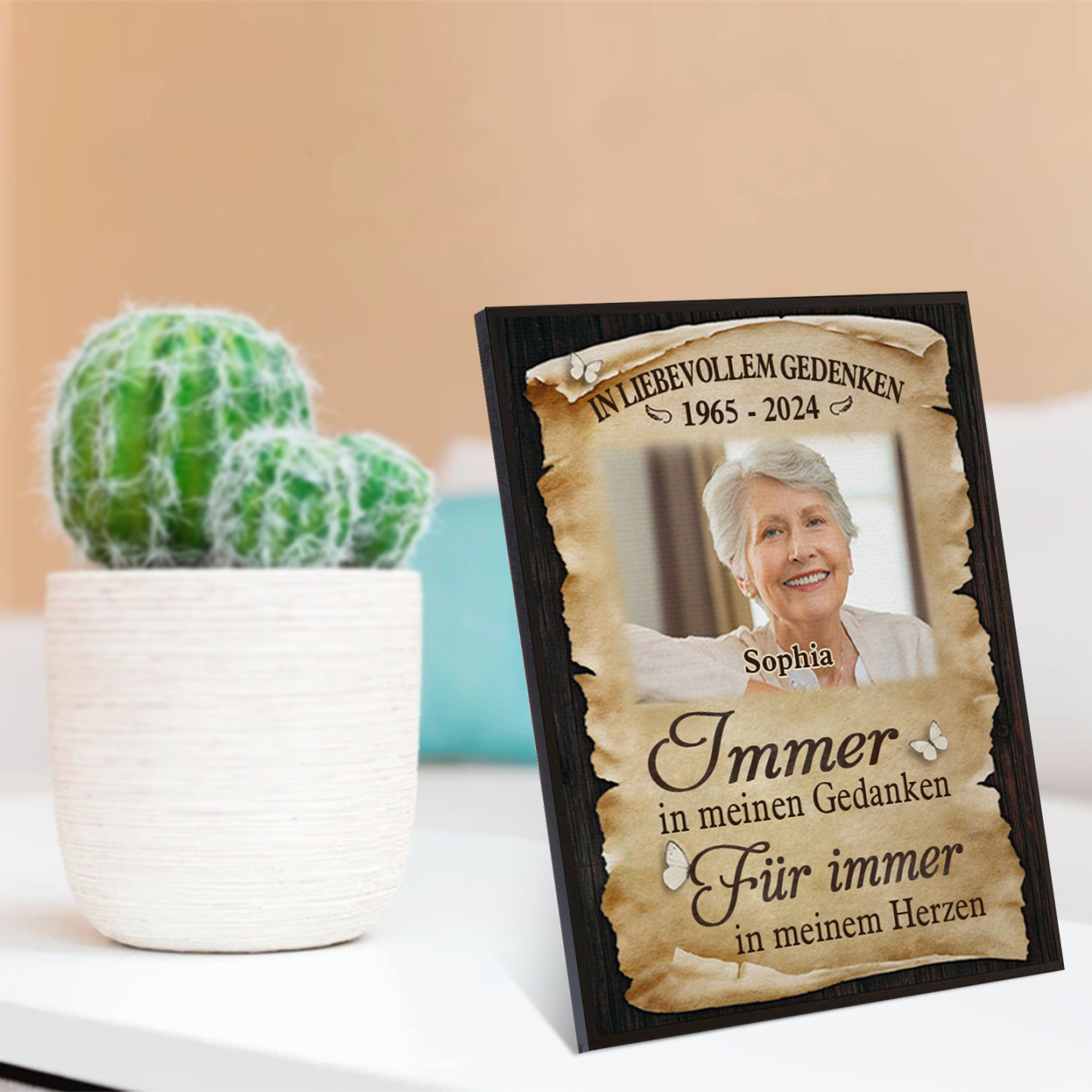 Personalisierter 1 Name & Foto & Datum Gedenk-Holzbild – Immer in meinen Gedanken, für immer in meinem Herzen – Gedenk-Schreibdekoration