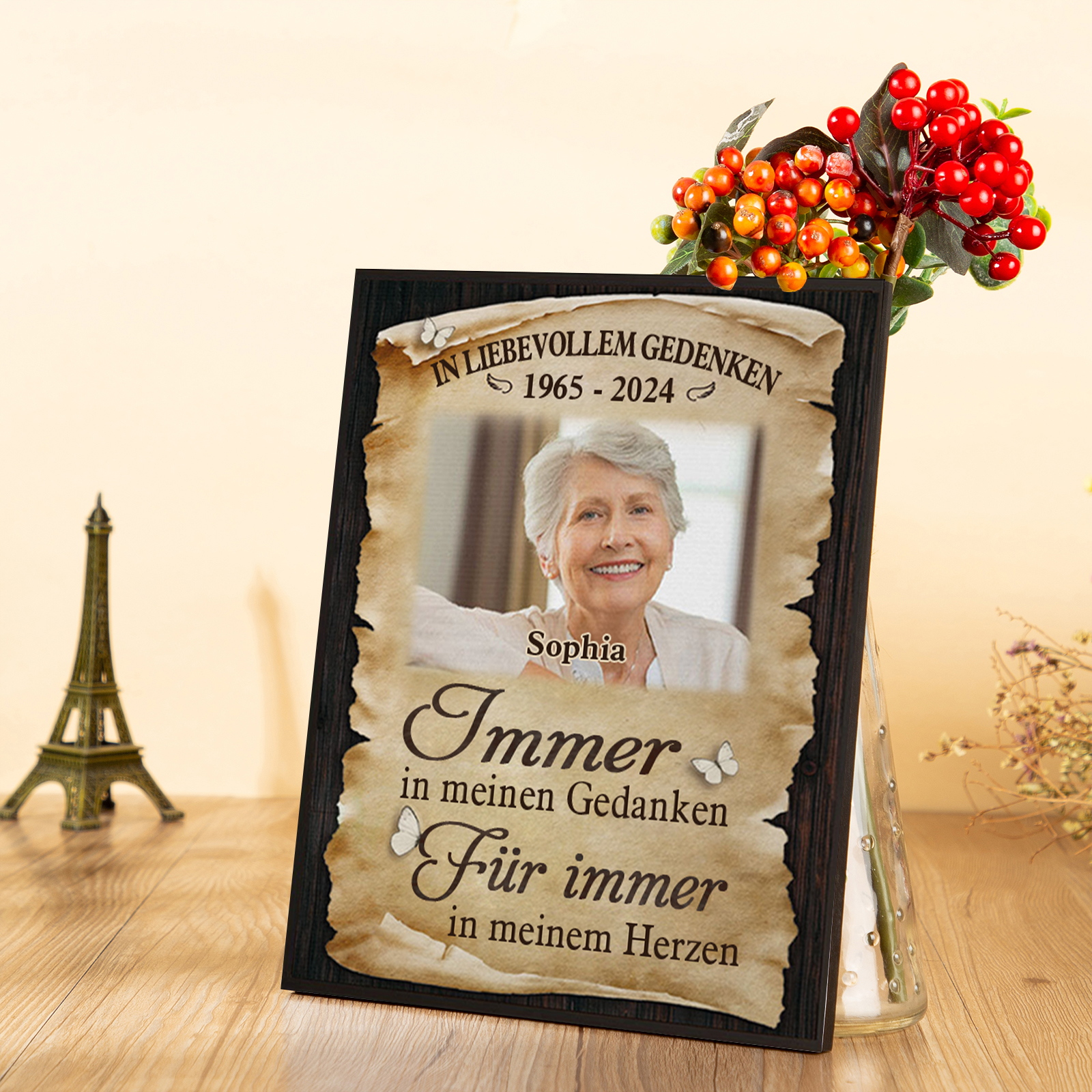 Personalisierter 1 Name & Foto & Datum Gedenk-Holzbild – Immer in meinen Gedanken, für immer in meinem Herzen – Gedenk-Schreibdekoration