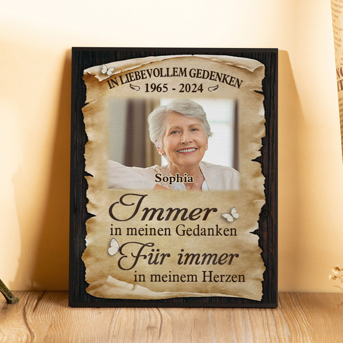 Personalisierter 1 Name & Foto & Datum Gedenk-Holzbild – Immer in meinen Gedanken, für immer in meinem Herzen – Gedenk-Schreibdekoration