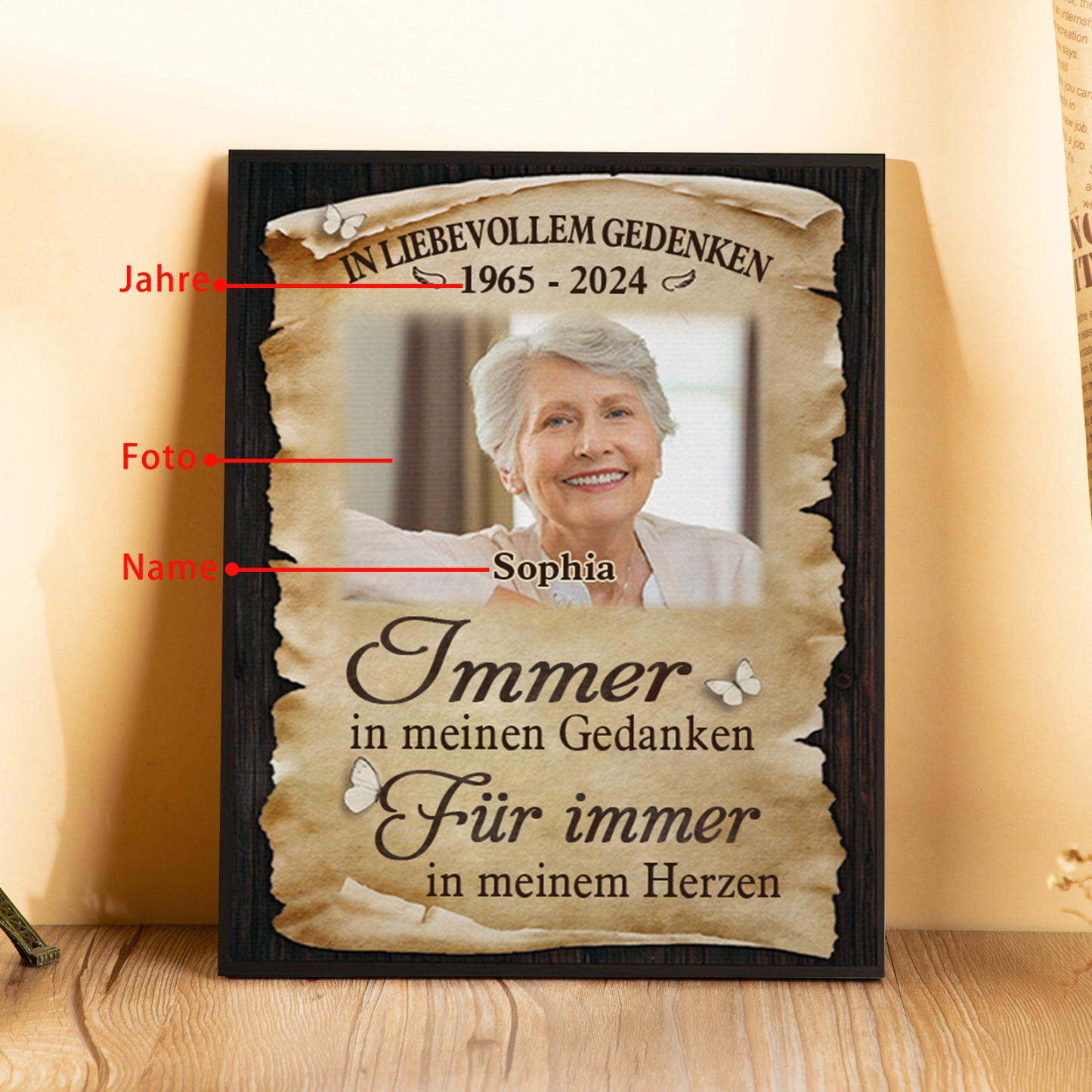 Personalisierter 1 Name & Foto & Datum Gedenk-Holzbild – Immer in meinen Gedanken, für immer in meinem Herzen – Gedenk-Schreibdekoration