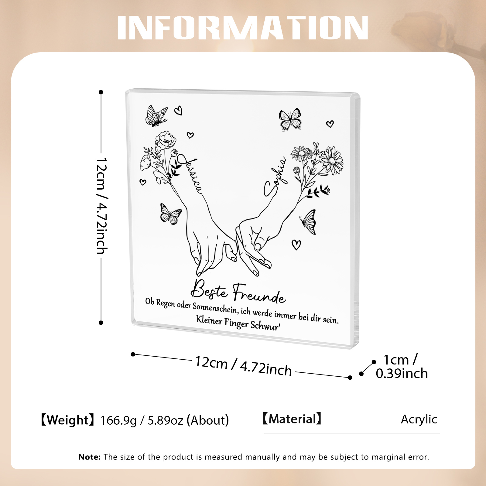 Personalisierte 2 Namen & 2 Geburtsblume Quadrat Acryl-Deko -ich werde immer bei dir sein- Schreibtischdekoration für Beste Freundin