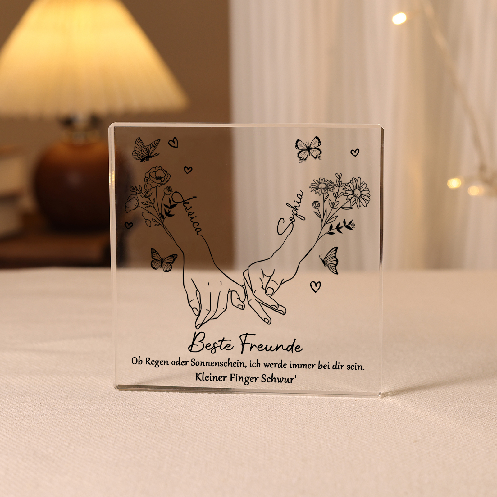 Personalisierte 2 Namen & 2 Geburtsblume Quadrat Acryl-Deko -ich werde immer bei dir sein- Schreibtischdekoration für Beste Freundin