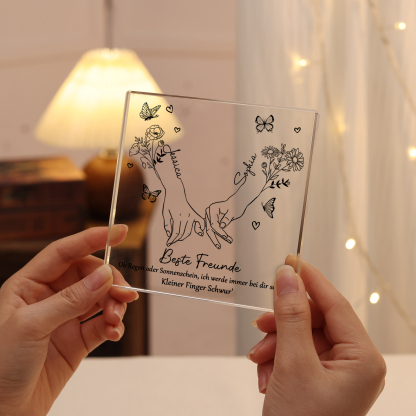 Personalisierte 2 Namen & 2 Geburtsblume Quadrat Acryl-Deko -ich werde immer bei dir sein- Schreibtischdekoration für Beste Freundin