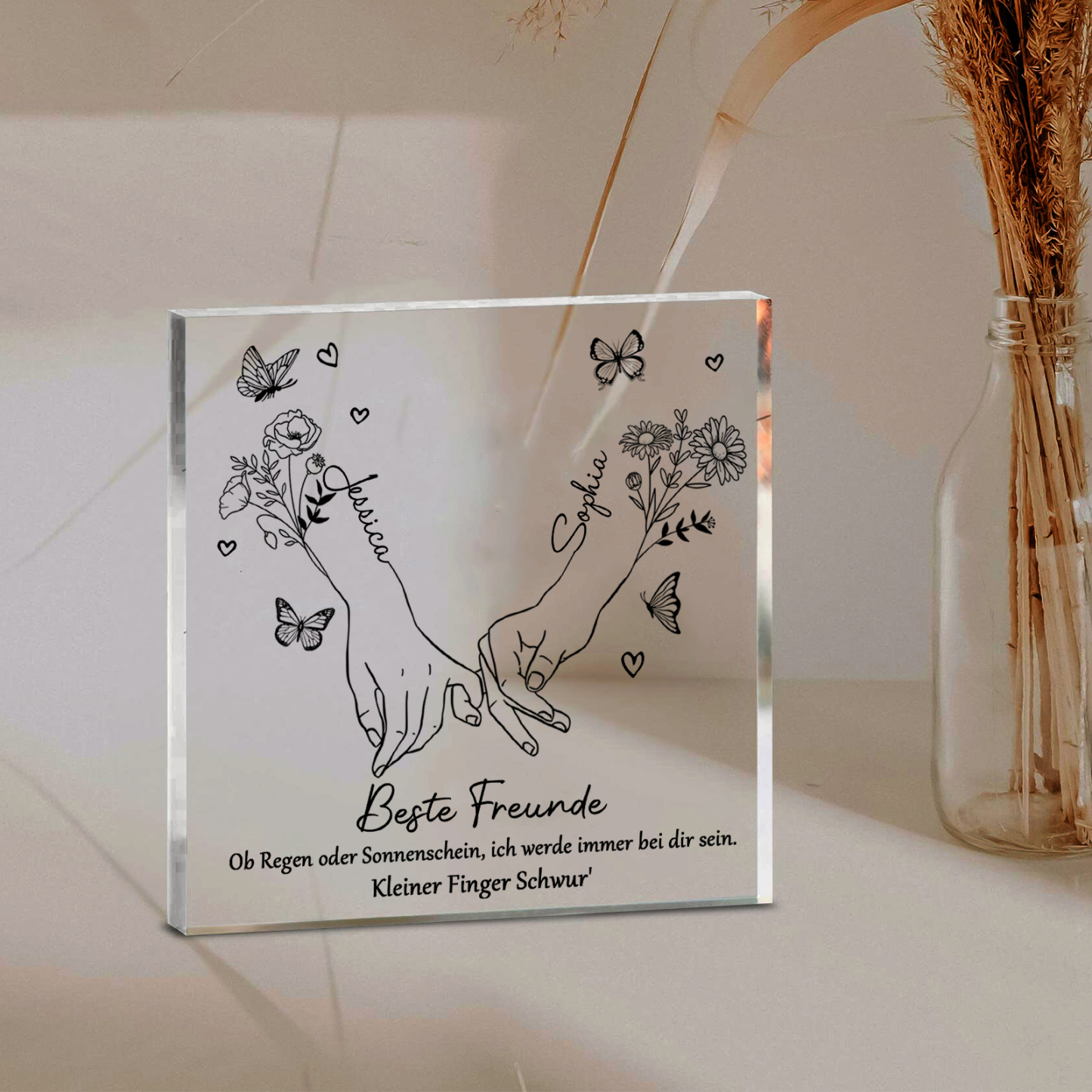 Personalisierte 2 Namen & 2 Geburtsblume Quadrat Acryl-Deko -ich werde immer bei dir sein- Schreibtischdekoration für Beste Freundin