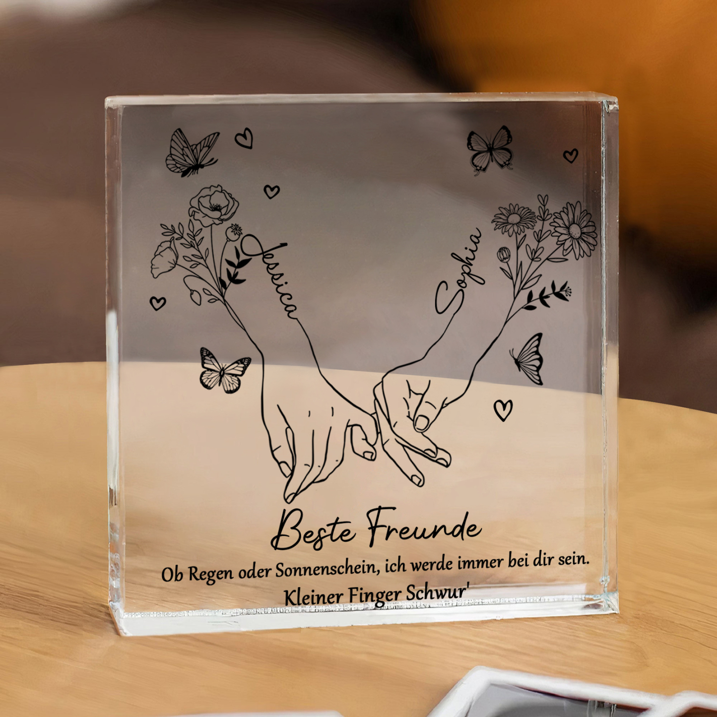 Personalisierte 2 Namen & 2 Geburtsblume Quadrat Acryl-Deko -ich werde immer bei dir sein- Schreibtischdekoration für Beste Freundin