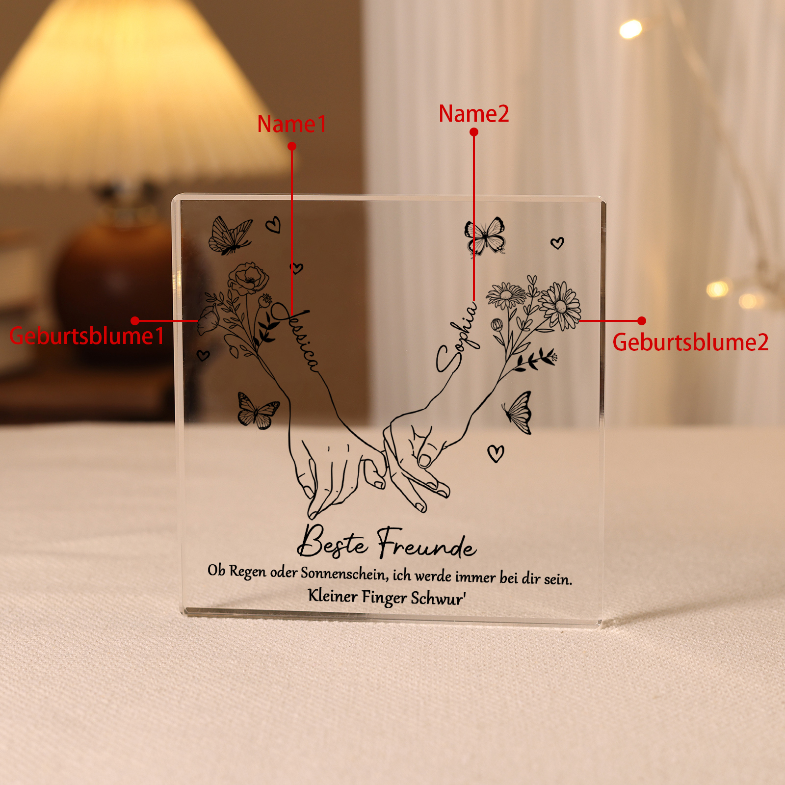 Personalisierte 2 Namen & 2 Geburtsblume Quadrat Acryl-Deko -ich werde immer bei dir sein- Schreibtischdekoration für Beste Freundin
