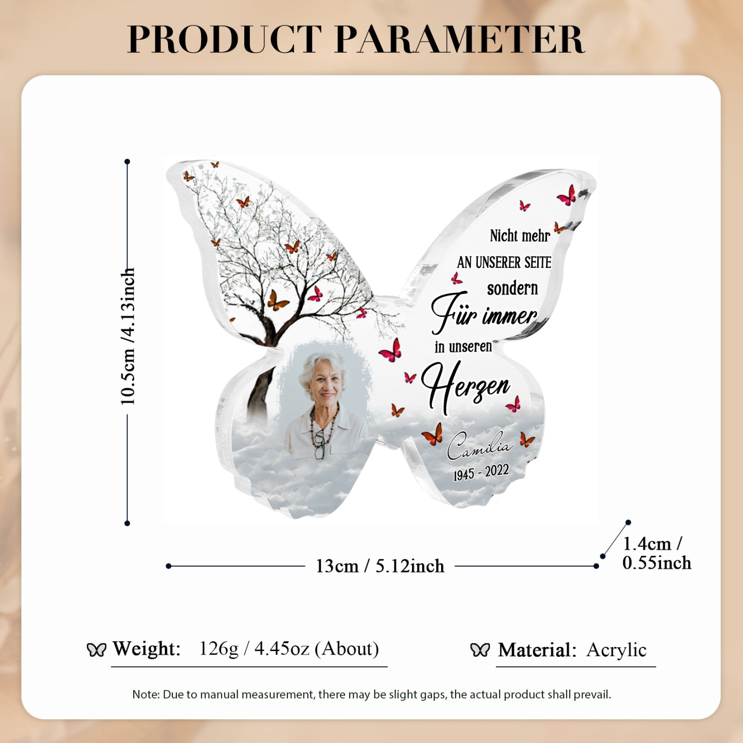 Personalisiertes Foto & 1 Name & Datum Acryl-Schmetterling-Deko – Nicht mehr an unserer Seite, sondern für immer in unseren Herzen – Gedenk-Schreibdekoration