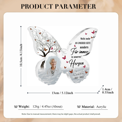 Personalisiertes Foto & 1 Name & Datum Acryl-Schmetterling-Deko – Nicht mehr an unserer Seite, sondern für immer in unseren Herzen – Gedenk-Schreibdekoration