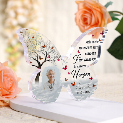 Personalisiertes Foto & 1 Name & Datum Acryl-Schmetterling-Deko – Nicht mehr an unserer Seite, sondern für immer in unseren Herzen – Gedenk-Schreibdekoration