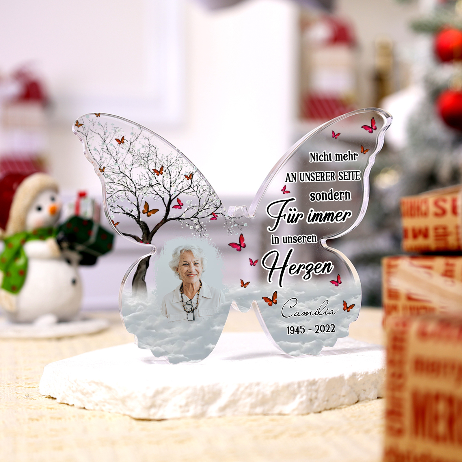 Personalisiertes Foto & 1 Name & Datum Acryl-Schmetterling-Deko – Nicht mehr an unserer Seite, sondern für immer in unseren Herzen – Gedenk-Schreibdekoration