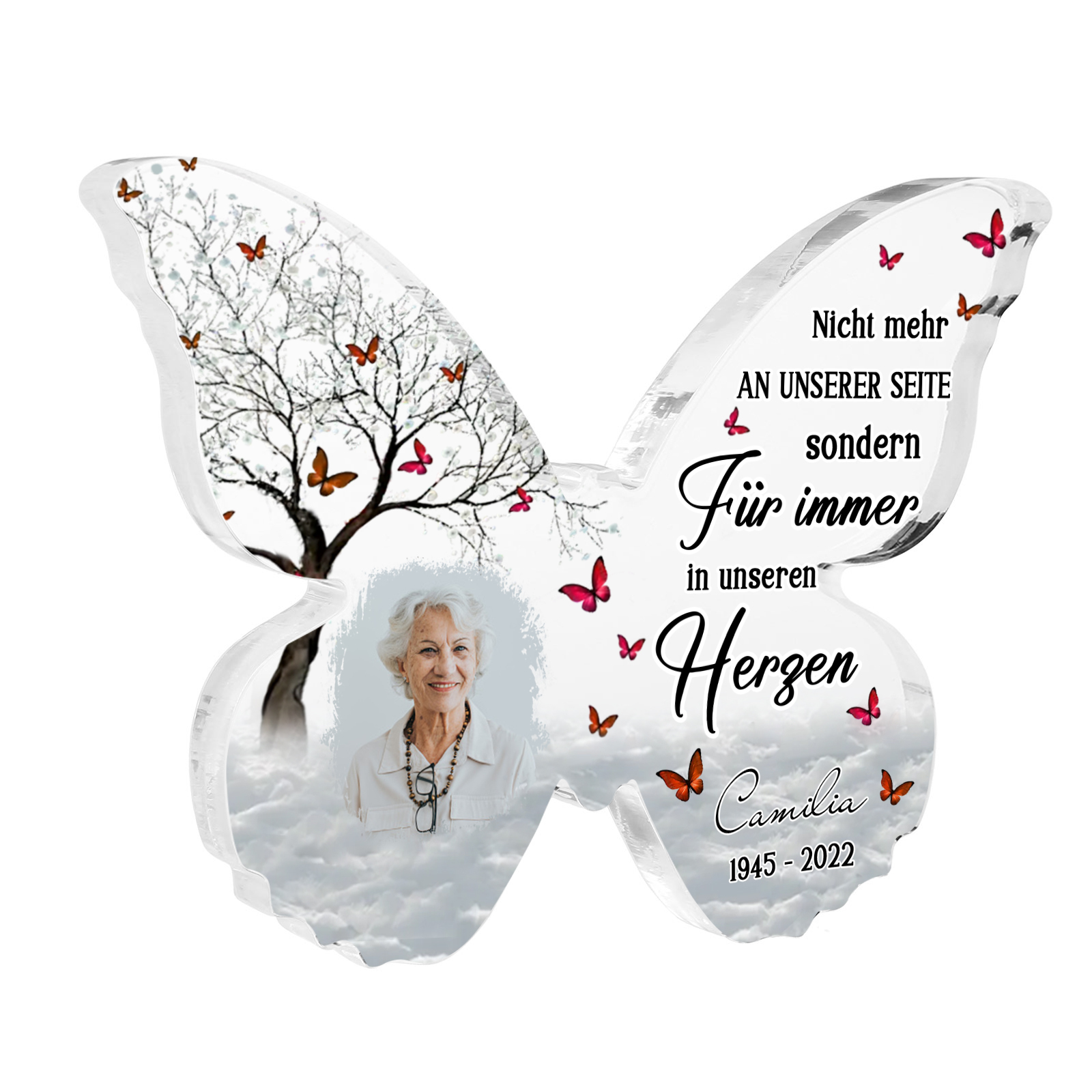 Personalisiertes Foto & 1 Name & Datum Acryl-Schmetterling-Deko – Nicht mehr an unserer Seite, sondern für immer in unseren Herzen – Gedenk-Schreibdekoration