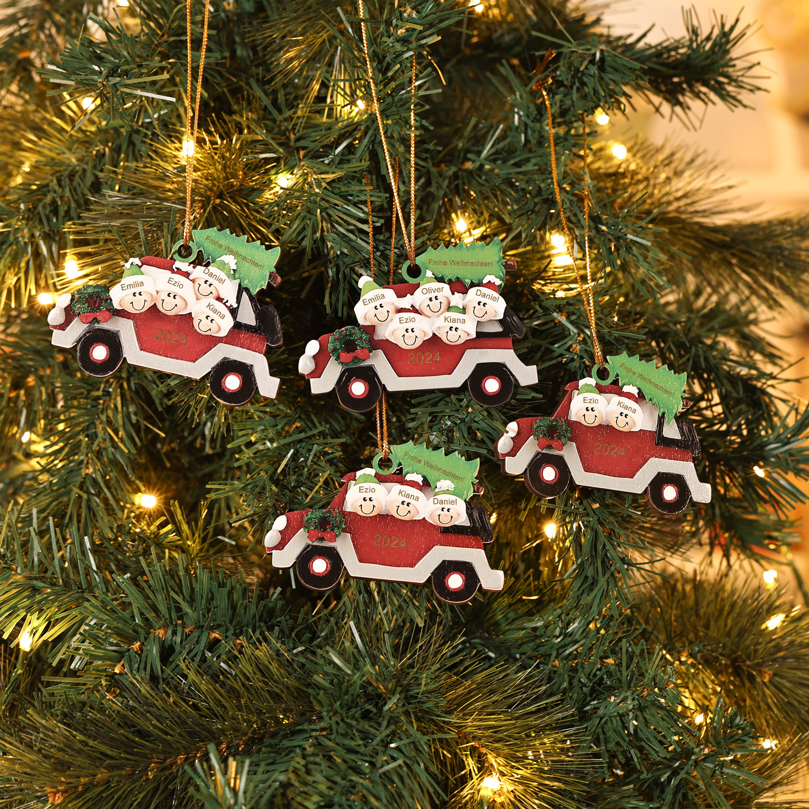 Holz Weihnachtsornament-Personalisiertes 2-5 Namen & Text & Jahr Festliche Auto-Dekoration Weihnachts-Anhänger