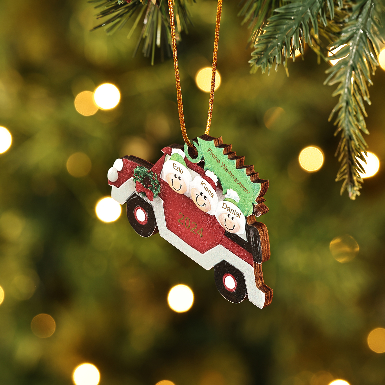 Holz Weihnachtsornament-Personalisiertes 2-5 Namen & Text & Jahr Festliche Auto-Dekoration Weihnachts-Anhänger