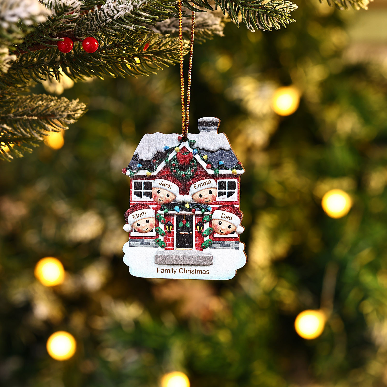 Holz Weihnachtsornament-Personalisierte 2-6 Namen & Text Familien-Weihnachtshaus-Dekoration Weihnachtsanhänger