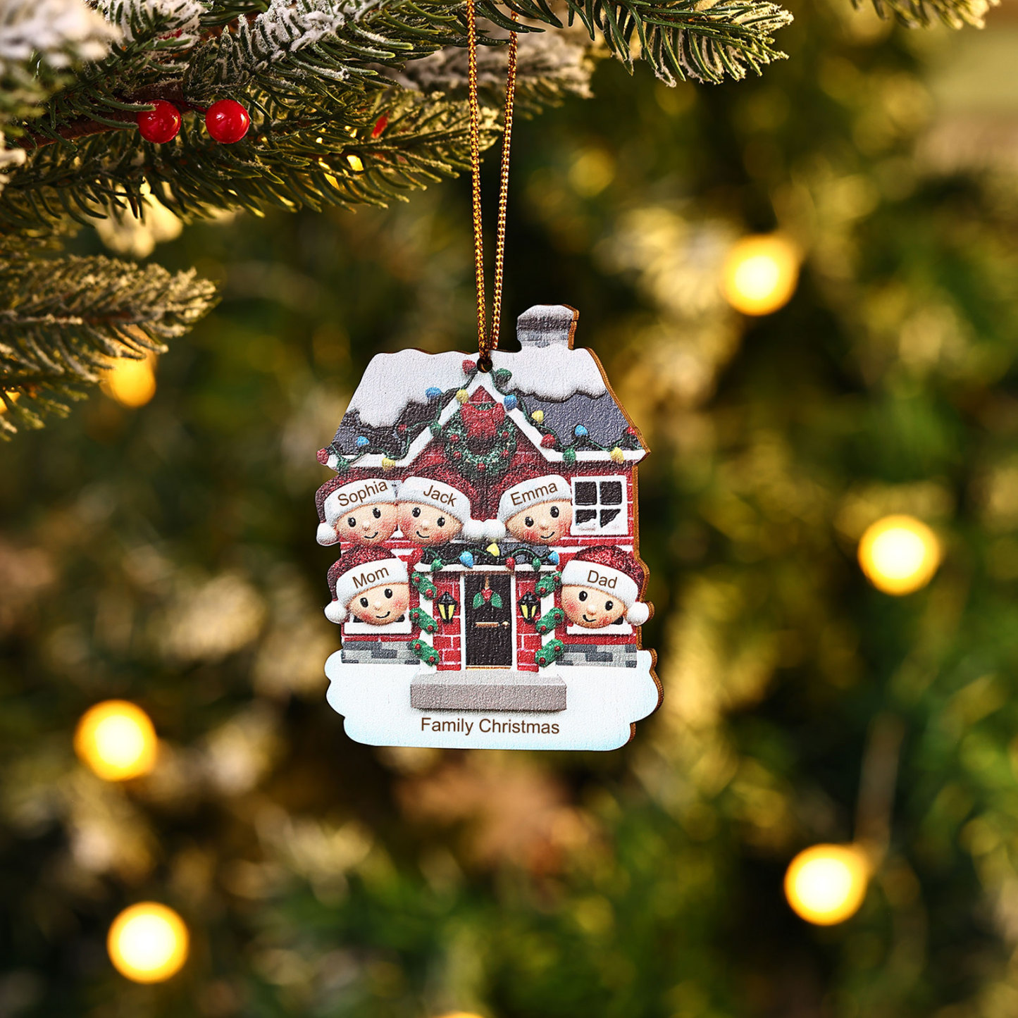 Holz Weihnachtsornament-Personalisierte 2-6 Namen & Text Familien-Weihnachtshaus-Dekoration Weihnachtsanhänger