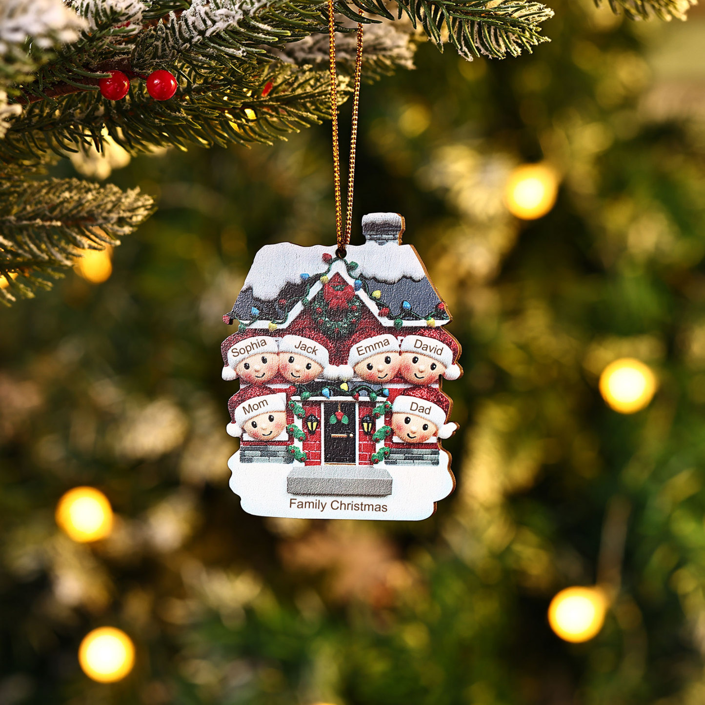 Holz Weihnachtsornament-Personalisierte 2-6 Namen & Text Familien-Weihnachtshaus-Dekoration Weihnachtsanhänger
