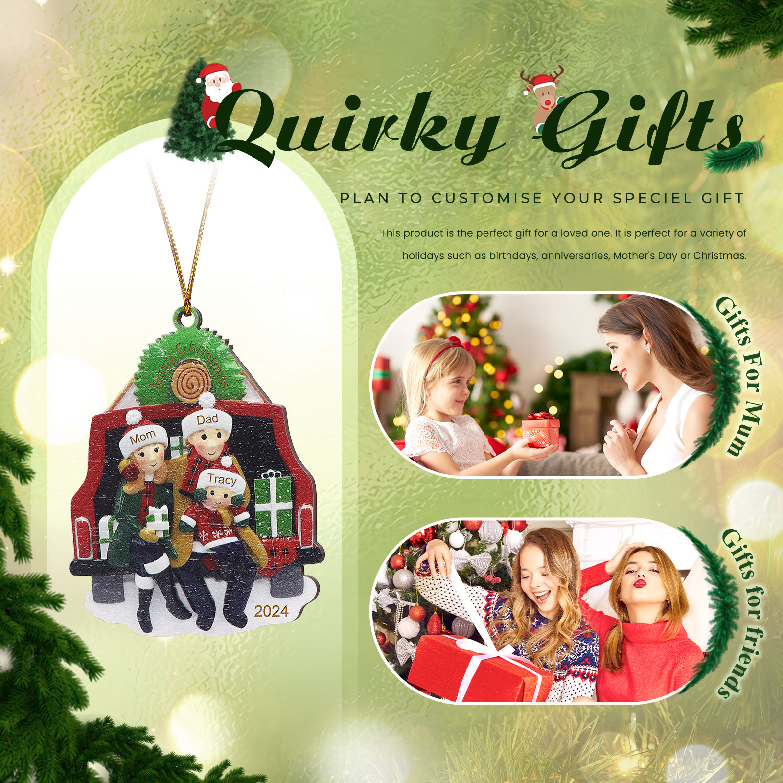 Holz Weihnachtsornament-Personalisiertes 2-5 Namen & Text & Jahr Familie im Auto Weihnachts-Ahhänger 