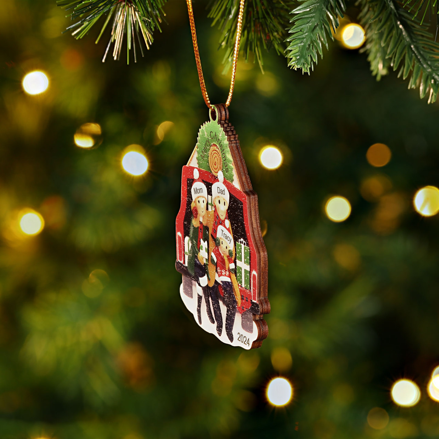 Holz Weihnachtsornament-Personalisiertes 2-5 Namen & Text & Jahr Familie im Auto Weihnachts-Ahhänger