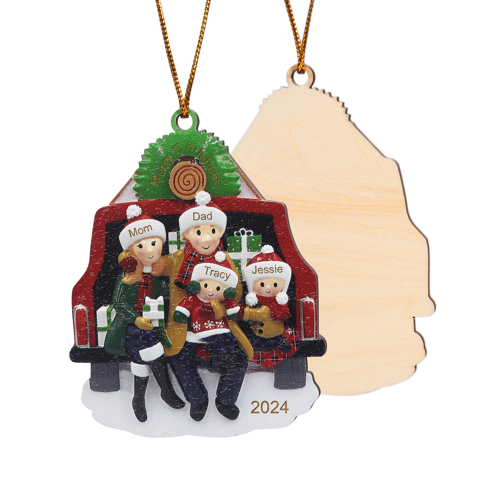 Holz Weihnachtsornament-Personalisiertes 2-5 Namen & Text & Jahr Familie im Auto Weihnachts-Ahhänger
