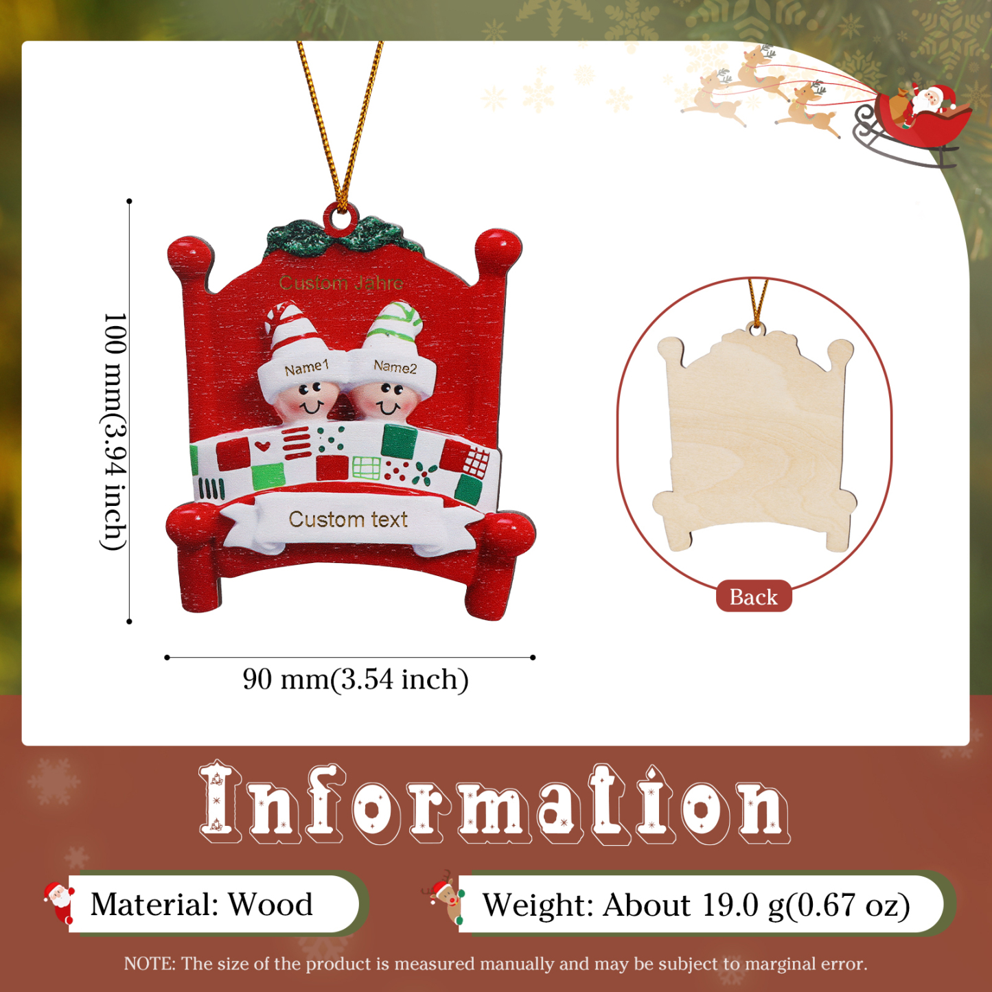 Holz Personalisierte 2-8 Namen & Text Weihnachtsanhänger Familien auf einem Bett mit Weihnachtsmützen Weihnachtsornament