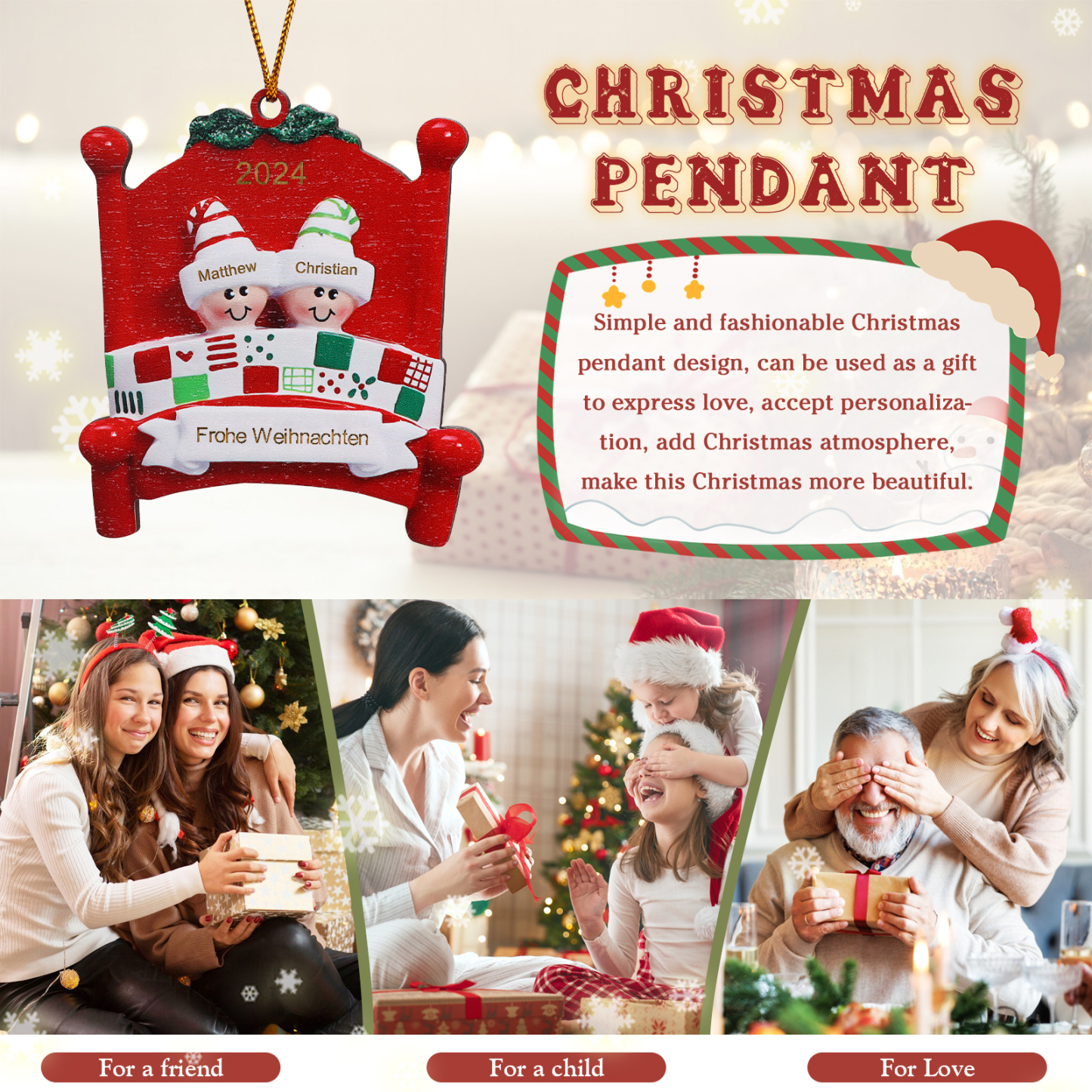 Holz Personalisierte 2-8 Namen & Text Weihnachtsanhänger Familien auf einem Bett mit Weihnachtsmützen Weihnachtsornament