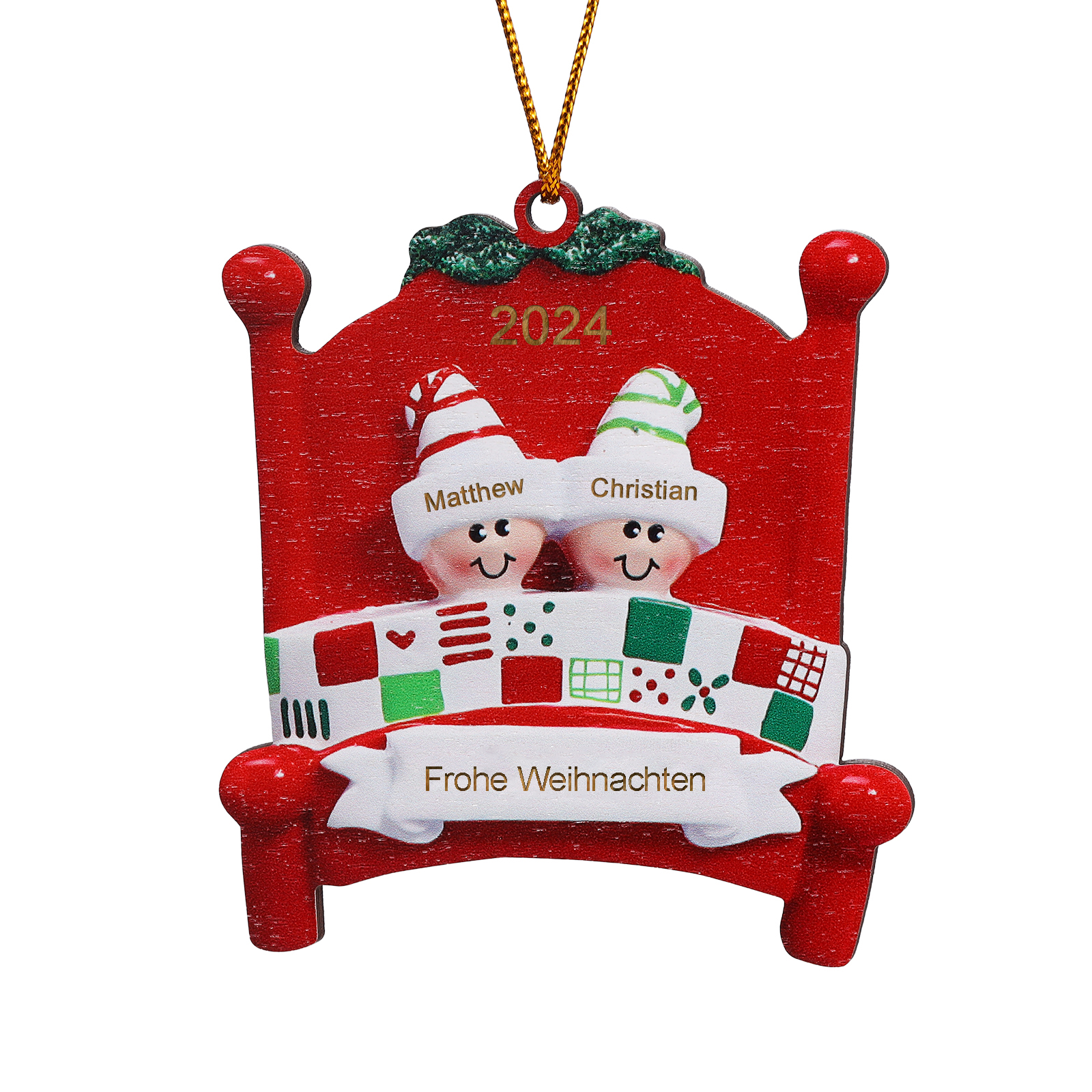 Holz Personalisierte 2-8 Namen & Text Weihnachtsanhänger Familien auf einem Bett mit Weihnachtsmützen Weihnachtsornament