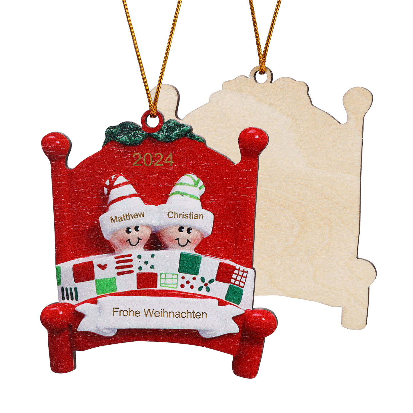 Holz Personalisierte 2-8 Namen & Text Weihnachtsanhänger Familien auf einem Bett mit Weihnachtsmützen Weihnachtsornament