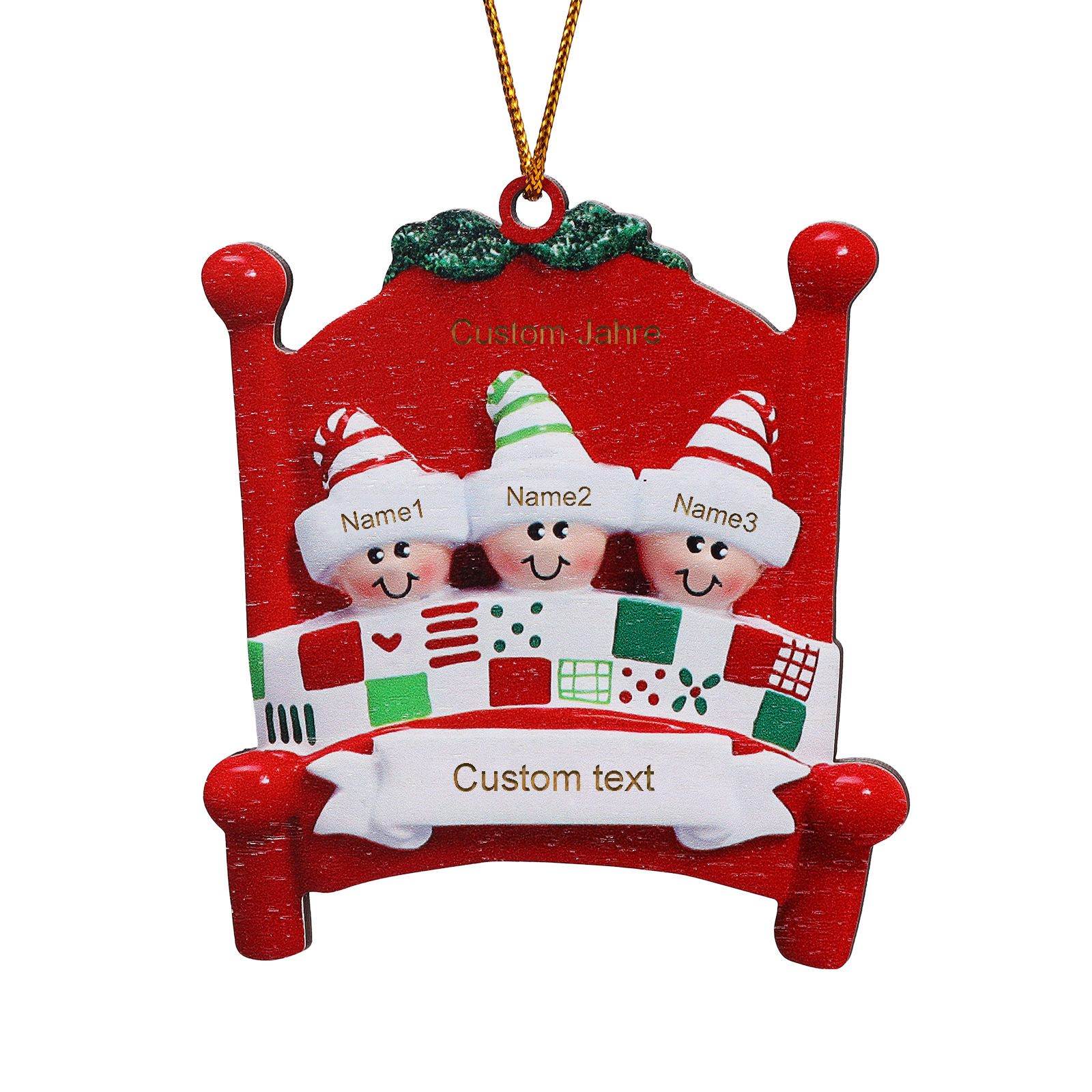 Holz Personalisierte 2-8 Namen & Text Weihnachtsanhänger Familien auf einem Bett mit Weihnachtsmützen Weihnachtsornament