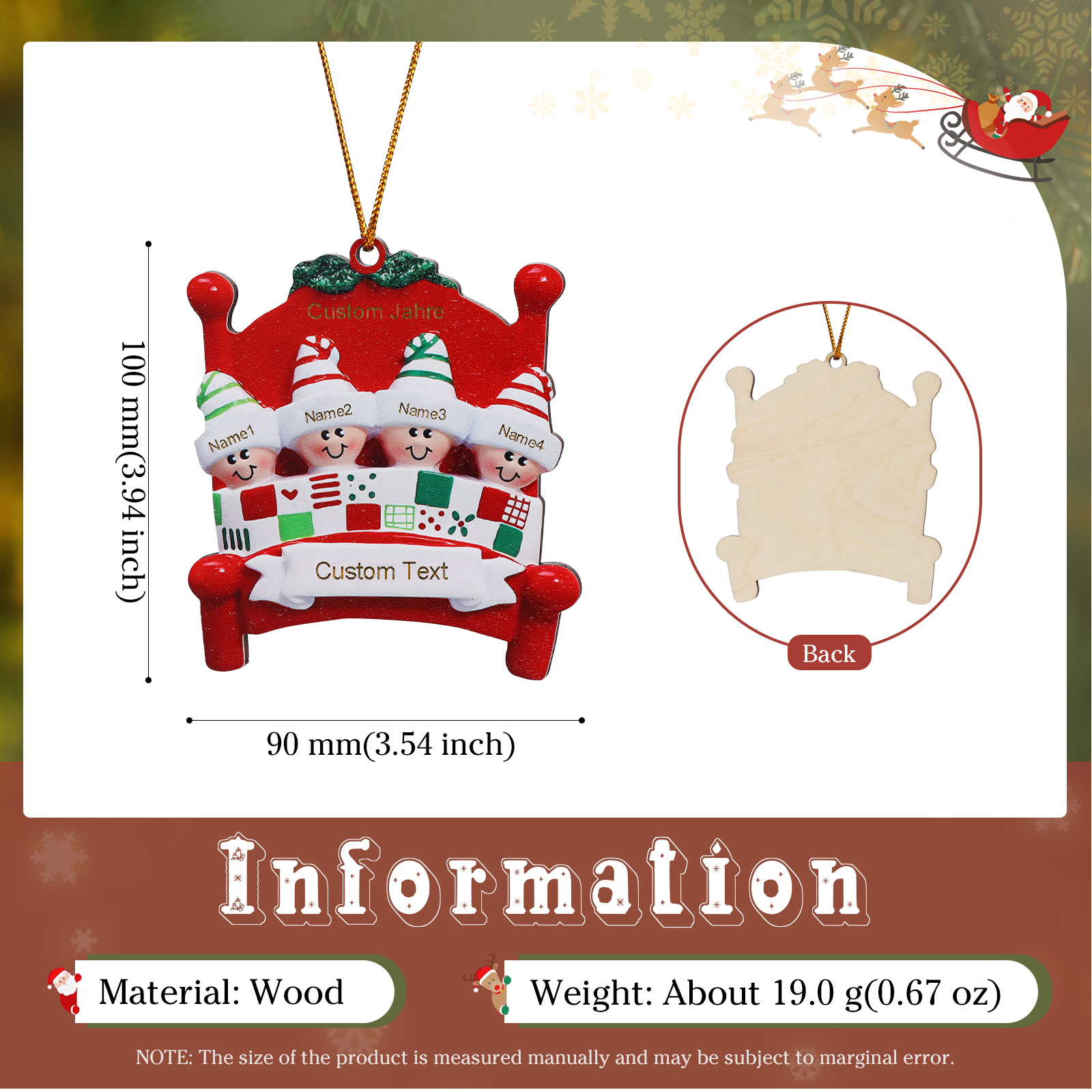 Holz Personalisierte 2-8 Namen & Text Weihnachtsanhänger Familien auf einem Bett mit Weihnachtsmützen Weihnachtsornament