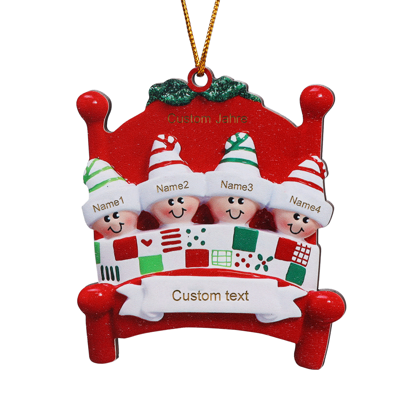 Holz Personalisierte 2-8 Namen & Text Weihnachtsanhänger Familien auf einem Bett mit Weihnachtsmützen Weihnachtsornament