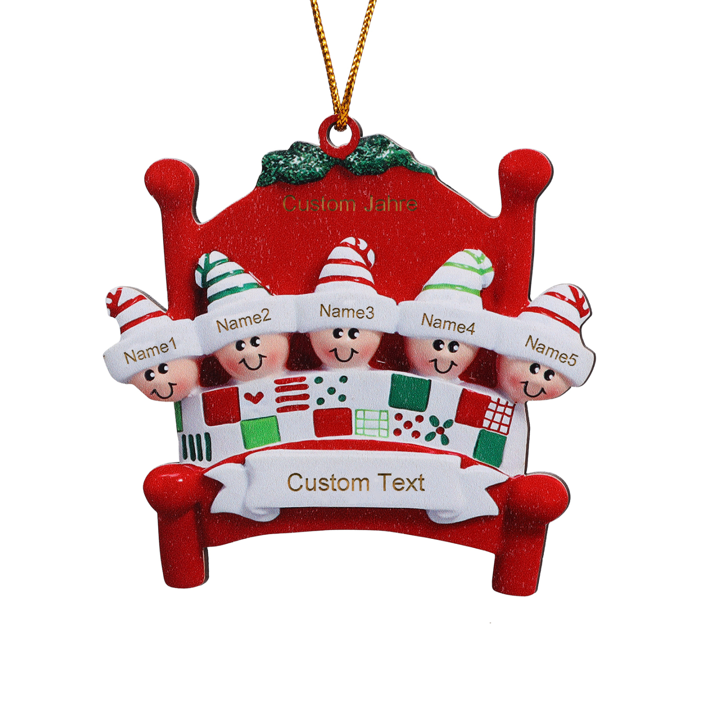 Holz Personalisierte 2-8 Namen & Text Weihnachtsanhänger Familien auf einem Bett mit Weihnachtsmützen Weihnachtsornament