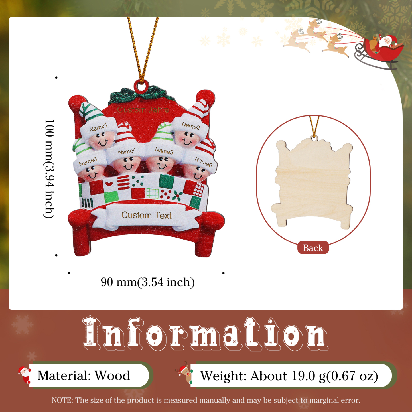 Holz Personalisierte 2-8 Namen & Text Weihnachtsanhänger Familien auf einem Bett mit Weihnachtsmützen Weihnachtsornament