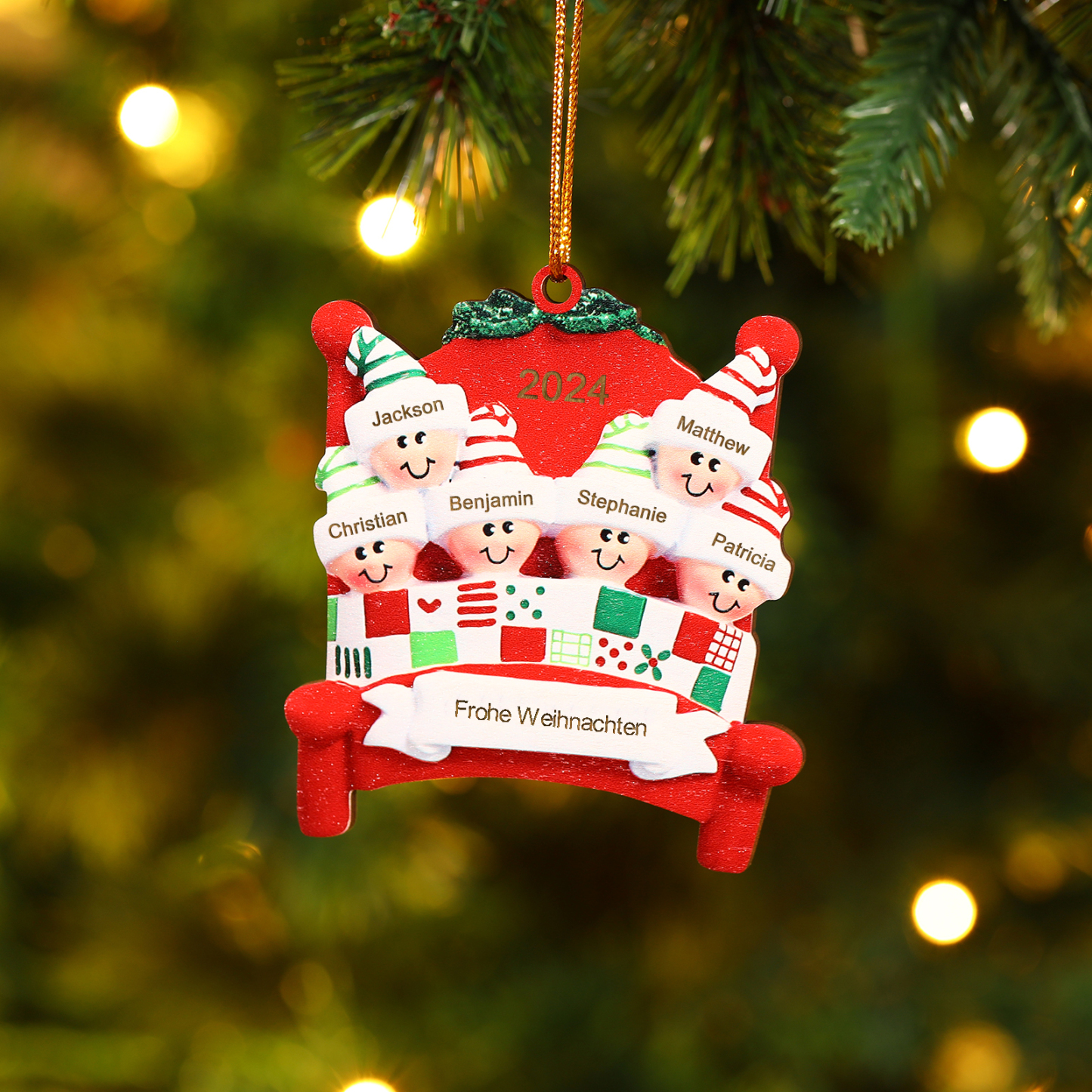 Holz Personalisierte 2-8 Namen & Text Weihnachtsanhänger Familien auf einem Bett mit Weihnachtsmützen Weihnachtsornament