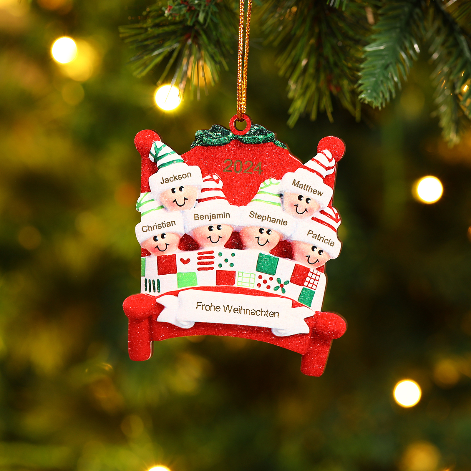 Holz Personalisierte 2-8 Namen & Text Weihnachtsanhänger Familien auf einem Bett mit Weihnachtsmützen Weihnachtsornament