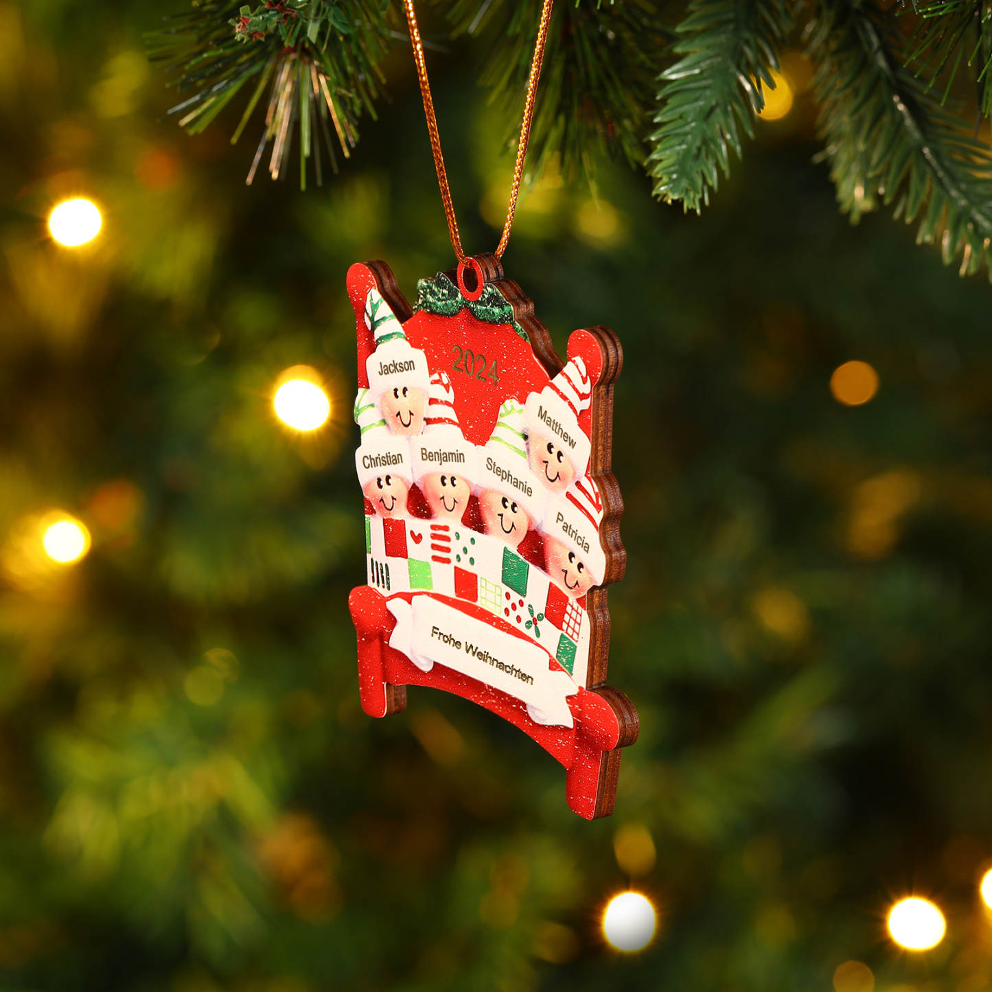Holz Personalisierte 2-8 Namen & Text Weihnachtsanhänger Familien auf einem Bett mit Weihnachtsmützen Weihnachtsornament