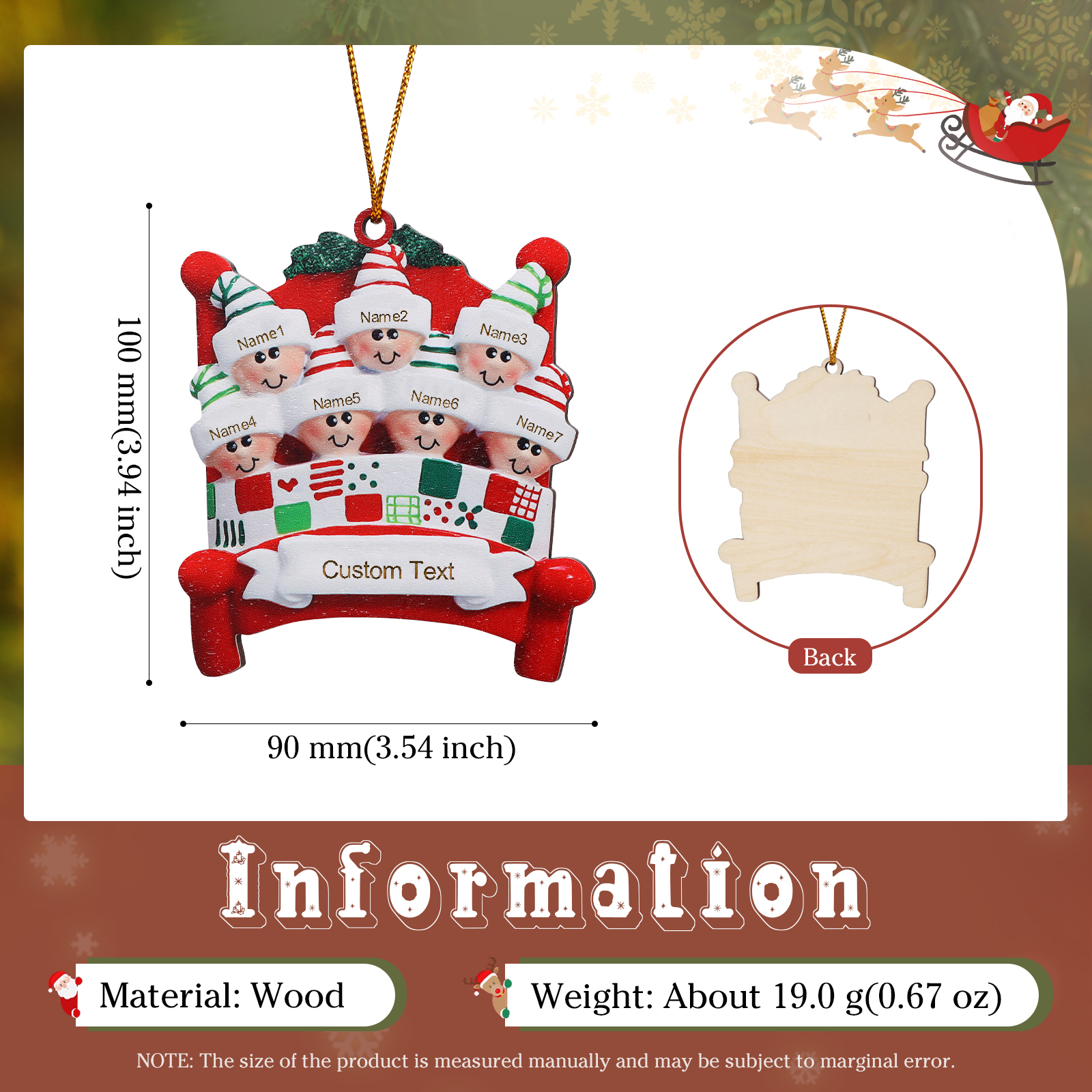 Holz Personalisierte 2-8 Namen & Text Weihnachtsanhänger Familien auf einem Bett mit Weihnachtsmützen Weihnachtsornament