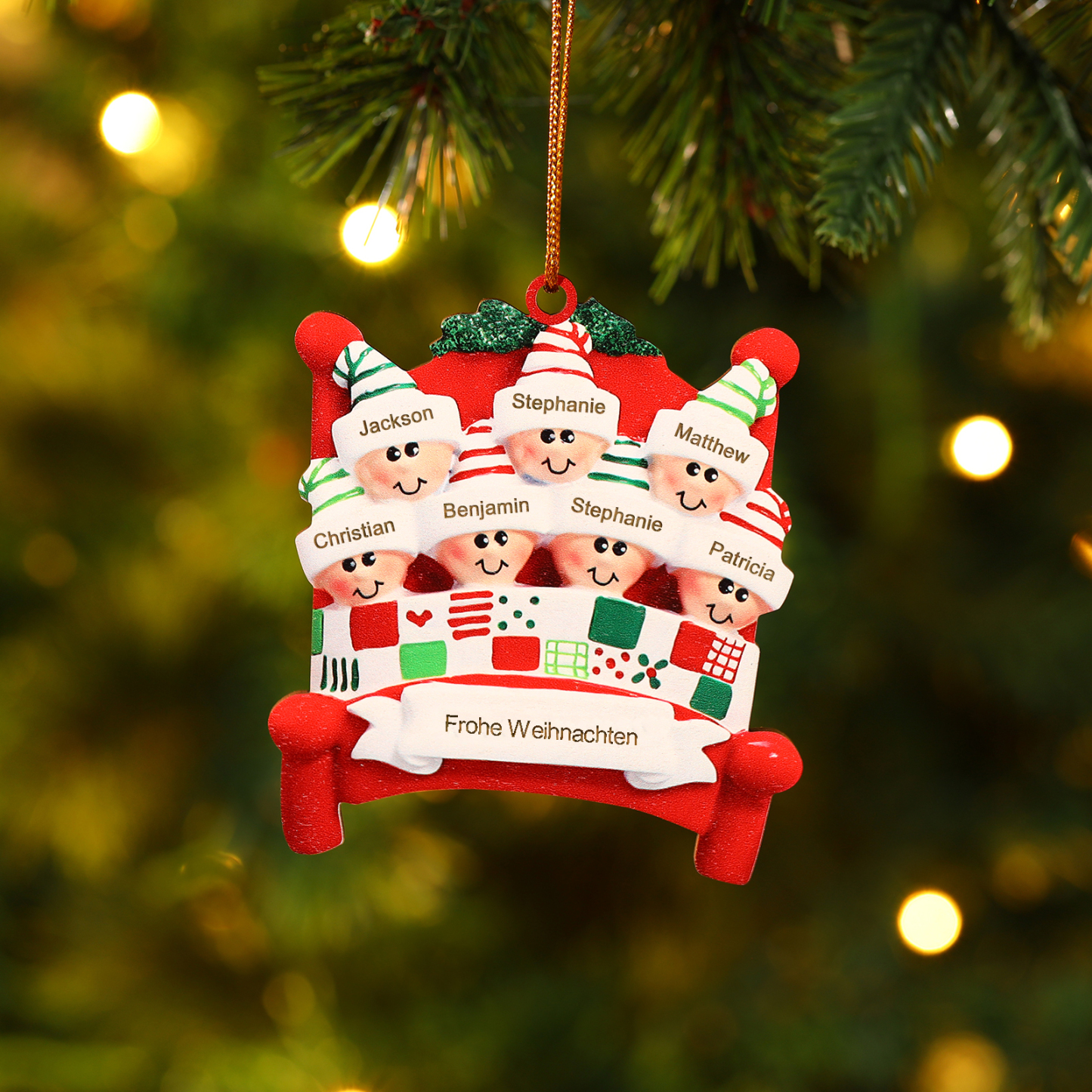 Holz Personalisierte 2-8 Namen & Text Weihnachtsanhänger Familien auf einem Bett mit Weihnachtsmützen Weihnachtsornament