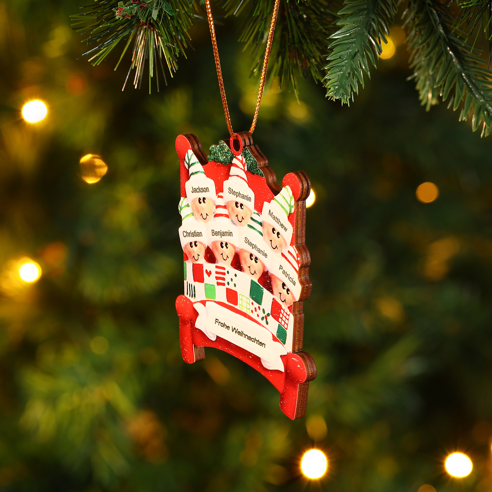 Holz Personalisierte 2-8 Namen & Text Weihnachtsanhänger Familien auf einem Bett mit Weihnachtsmützen Weihnachtsornament