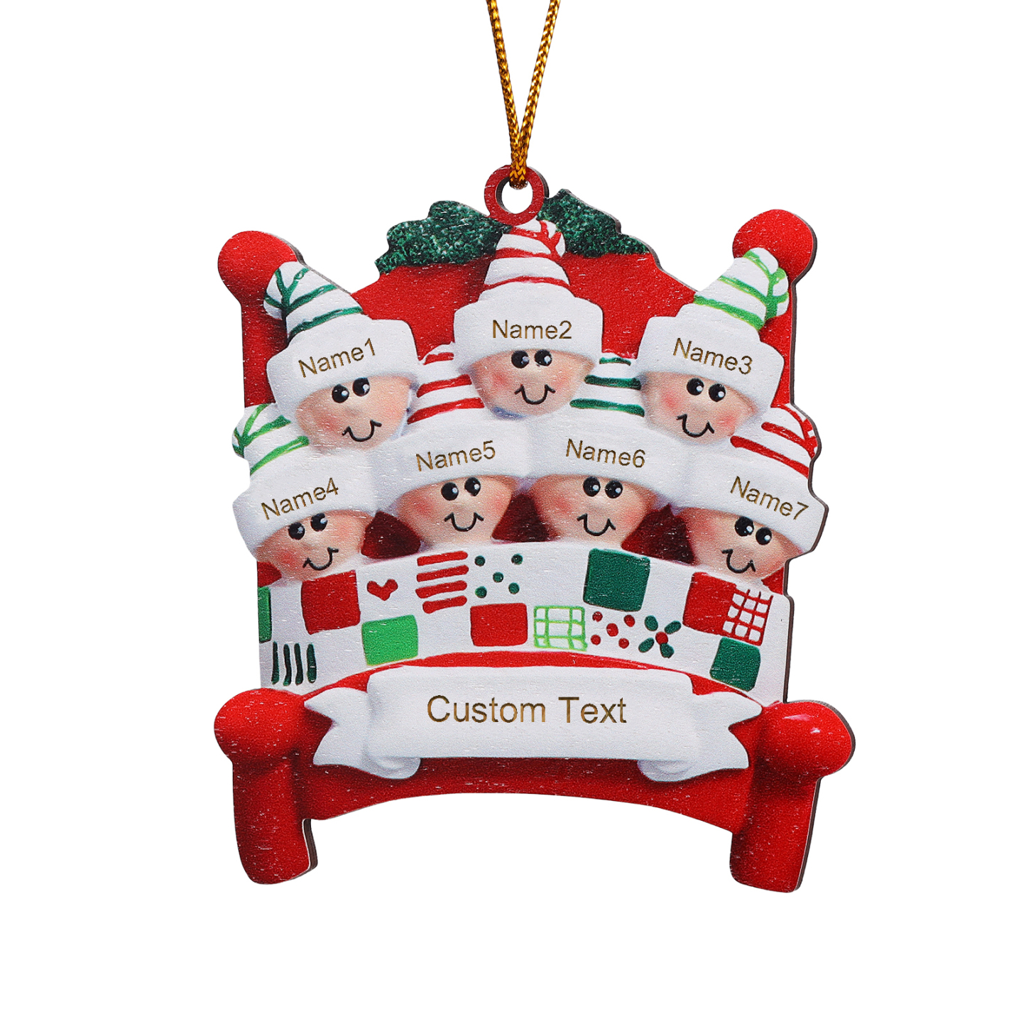 Holz Personalisierte 2-8 Namen & Text Weihnachtsanhänger Familien auf einem Bett mit Weihnachtsmützen Weihnachtsornament