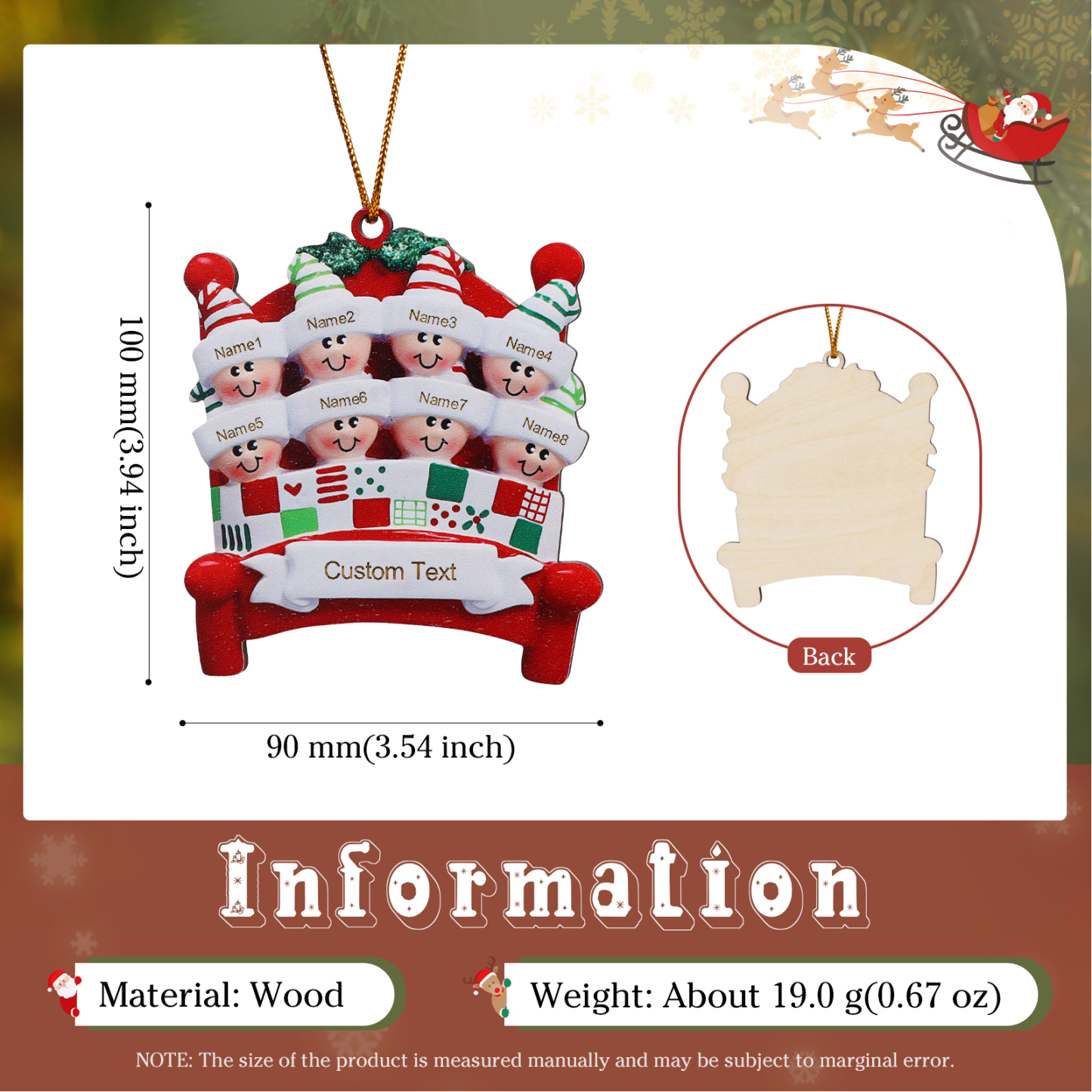Holz Personalisierte 2-8 Namen & Text Weihnachtsanhänger Familien auf einem Bett mit Weihnachtsmützen Weihnachtsornament